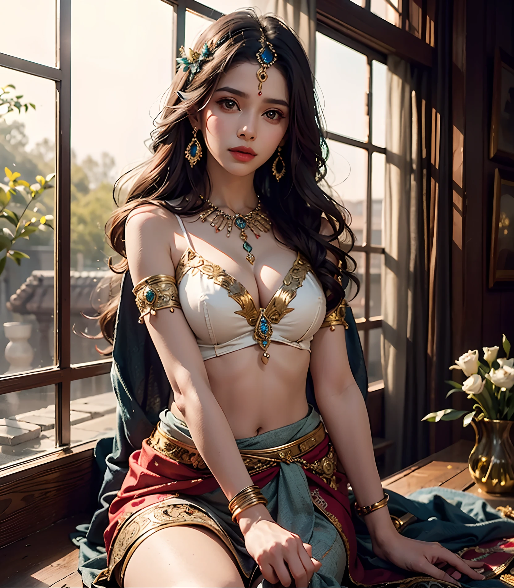 Ancient Indian women, Princess wearing lots of jwellery, beautiful, attractive, intricate details, 4k, hyper realistic, hyperdetailed, potrait image, clicked by 70 mm lens, professional photography, cinematic lighting