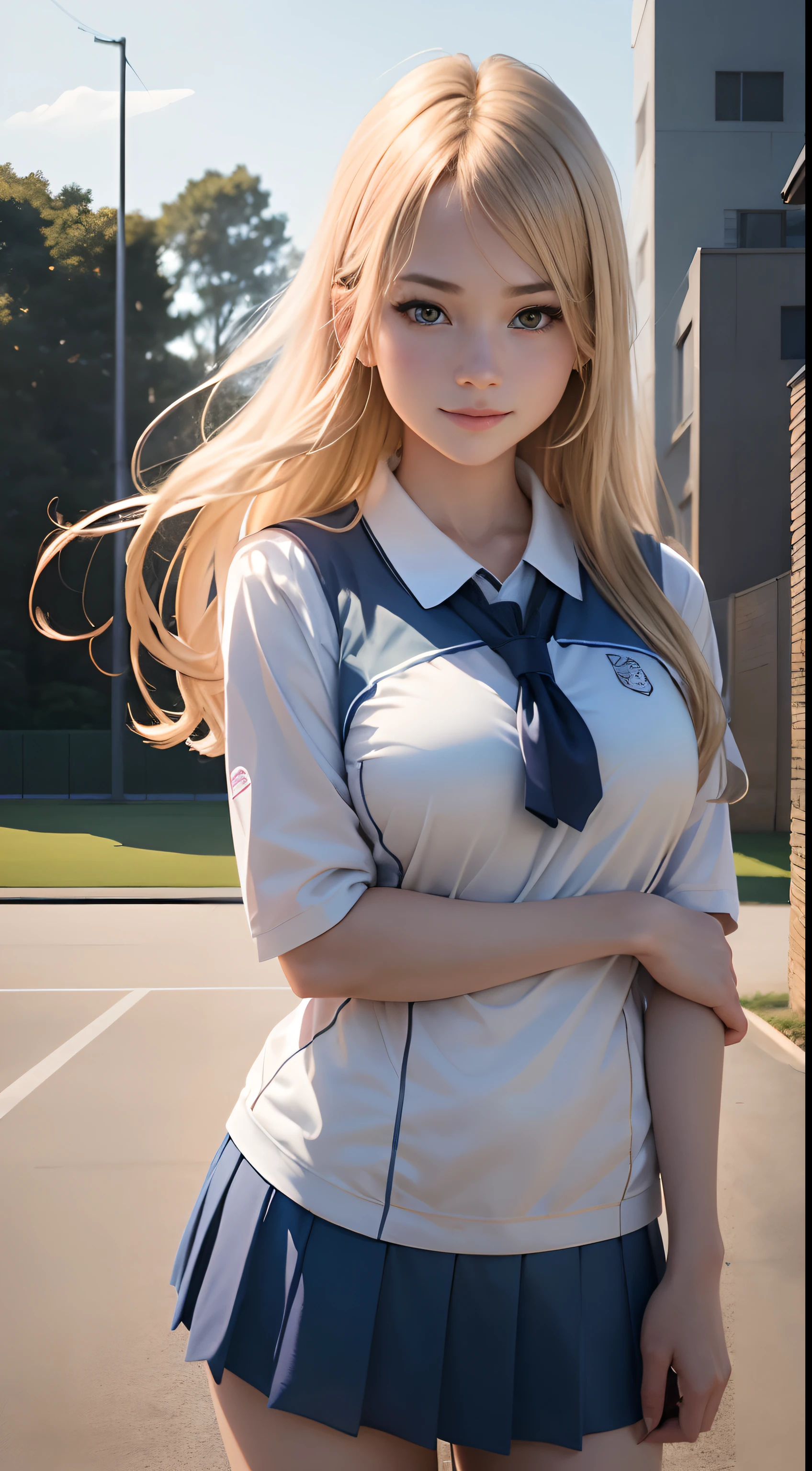 1girl in、Top image quality、Young Adult Women、hposing Gravure Idol、a blond、blue eyes、Lacrosse court on background、Lacrosse Uniforms、Buruma、A slender、realisticlying、ren、A slight smil、Be sure to draw your face、Correctly depict the structure of the human body、