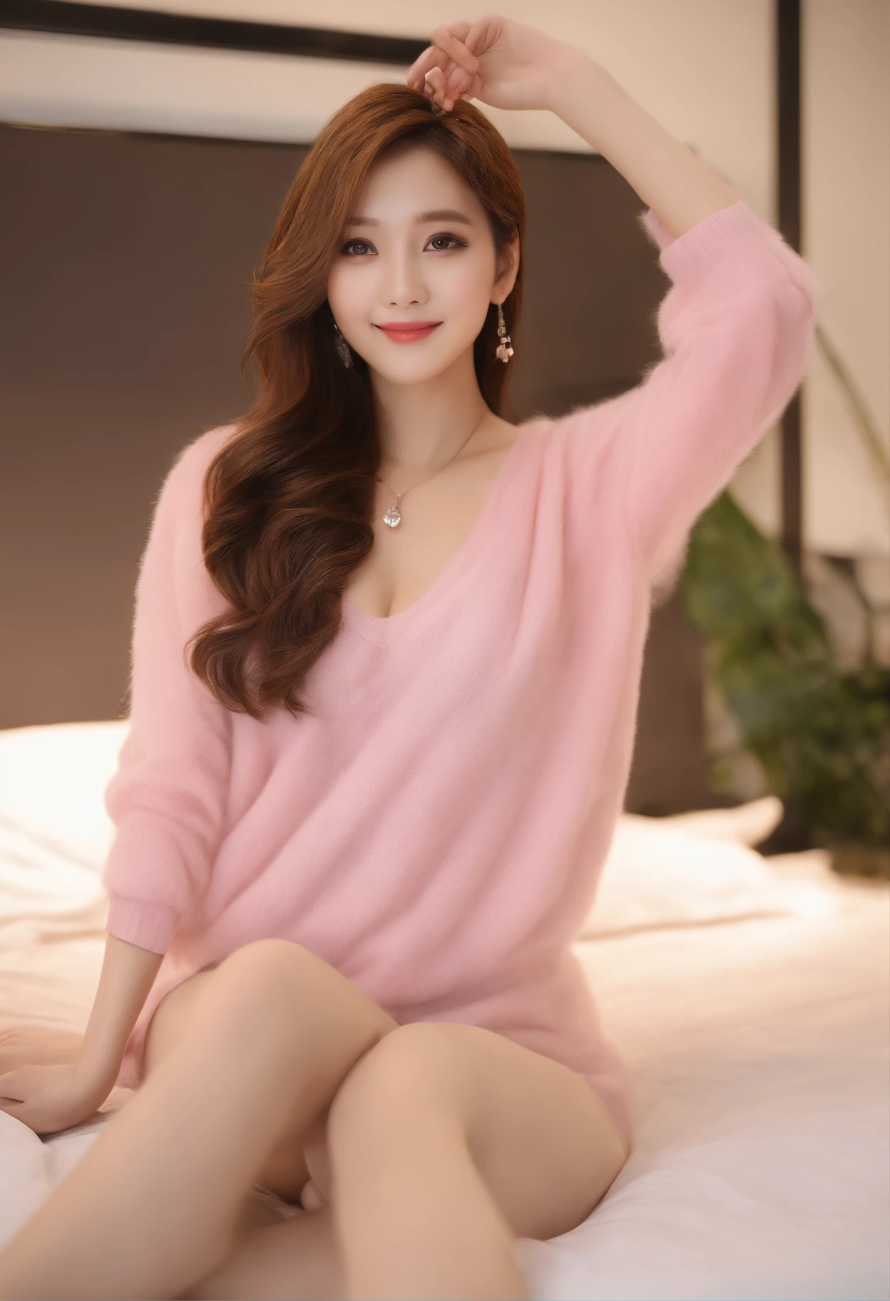 (masterpiece:1.2、top-quality、8K)、(Authentic images、intricate-detail)、独奏、Female 1 Person、gals、25-years old、Pink Sweater、Fluttering chest、Cleavage of、Valley、Relatively large、Erokawa Idol、masterpiece, best qualtiy, Curly hair、Brown hair、Spread your legs apart、embarrassed from, Tempting smile,Wearing panties、Non-sheer panties、hotels room、on the beds、Night time、ssex