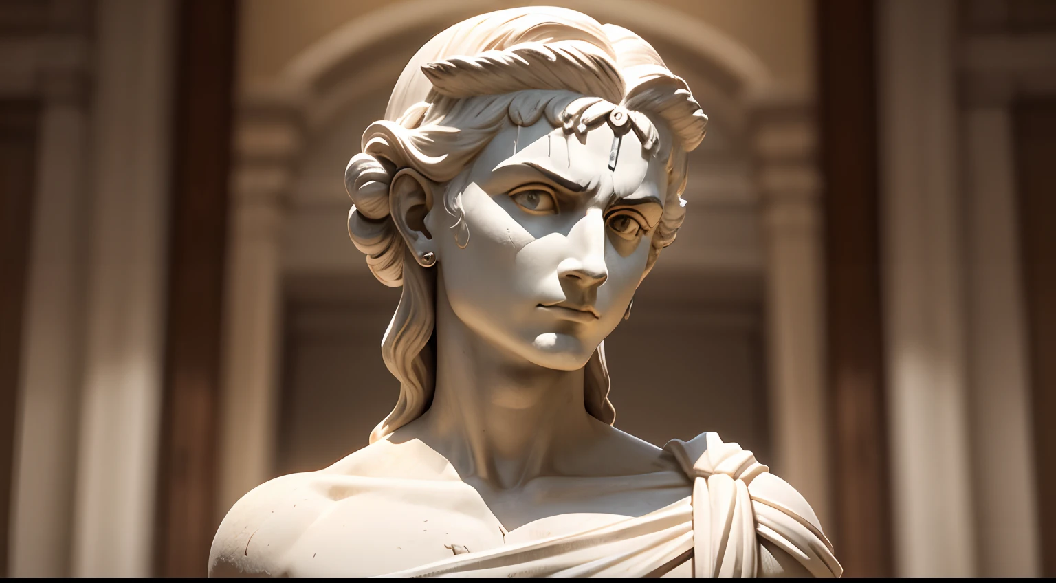 Ancient Greek statue with angry expression, Ambiente escuro, ao ceu aberto, 35 mm, corpo inteiro, lateralmente, com rosto extremamente detalhado, Colors with low saturation with dark tone, Filmado em Sony A7S III com Sony FE 35mm f/1.8, 12.1 MP, --AR 3:2 --estilo cru