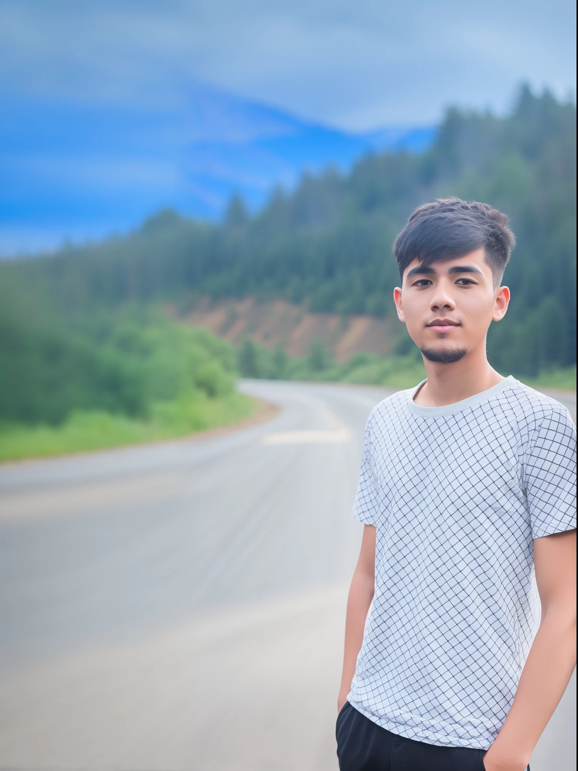 there is a young man standing on the side of the road, in front of a forest background, standing in road, hills in the background, on a road, taken with sony alpha 9, taken with canon 8 0 d, background blur, portait photo profile picture, photo taken with canon 5d, taken with canon eos 5 d mark iv, casual photography