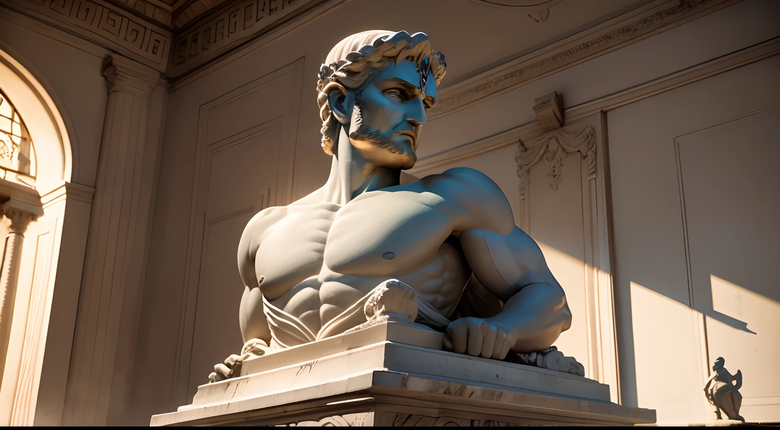 A white marble statue depicting a muscular leader in a contemplative posture, with carved muscles and thoughtful expression, iluminada por luces suaves que resaltan su liderazgo sabio, sobre un fondo oscuro que subraya su autoridad.