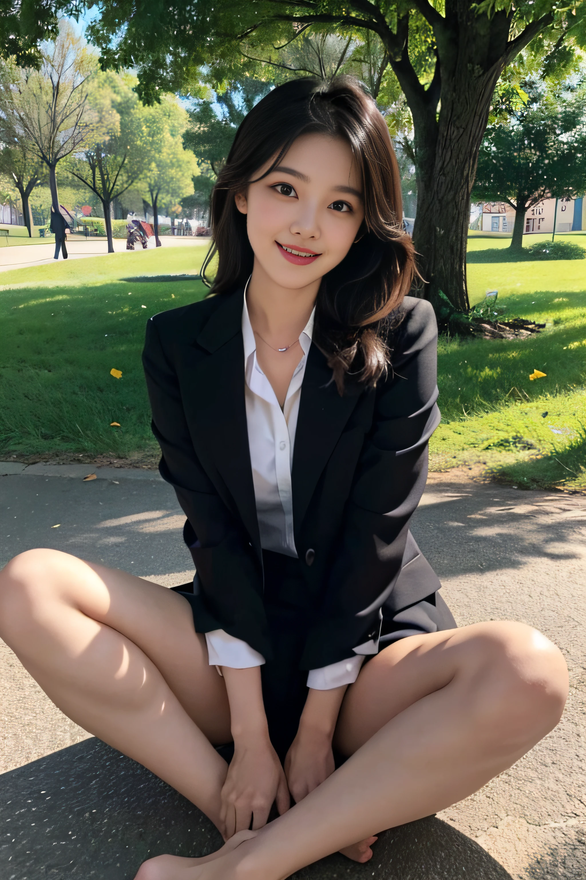 Girl lying in the park，Small、fullnude、Spread your legs boldly、A smile、Visible、semilong hairstyle、Hair that flutters in the wind、suits