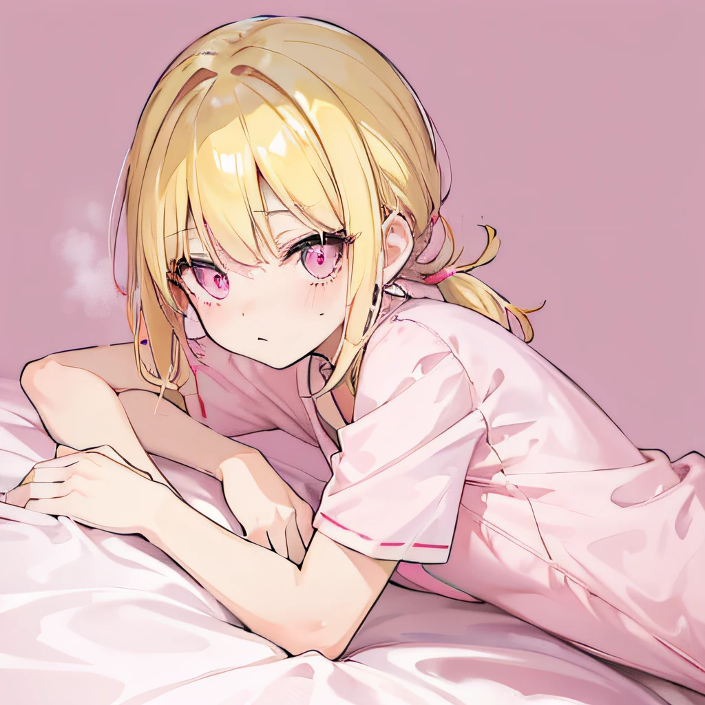 Light yellow hair，Double ponytail hairstyle，Pink eyes，Pink pupils，teens girl，Short-sleeved pajamas，Shorts pajamas，Bedroom on pink background，Lie down in bed