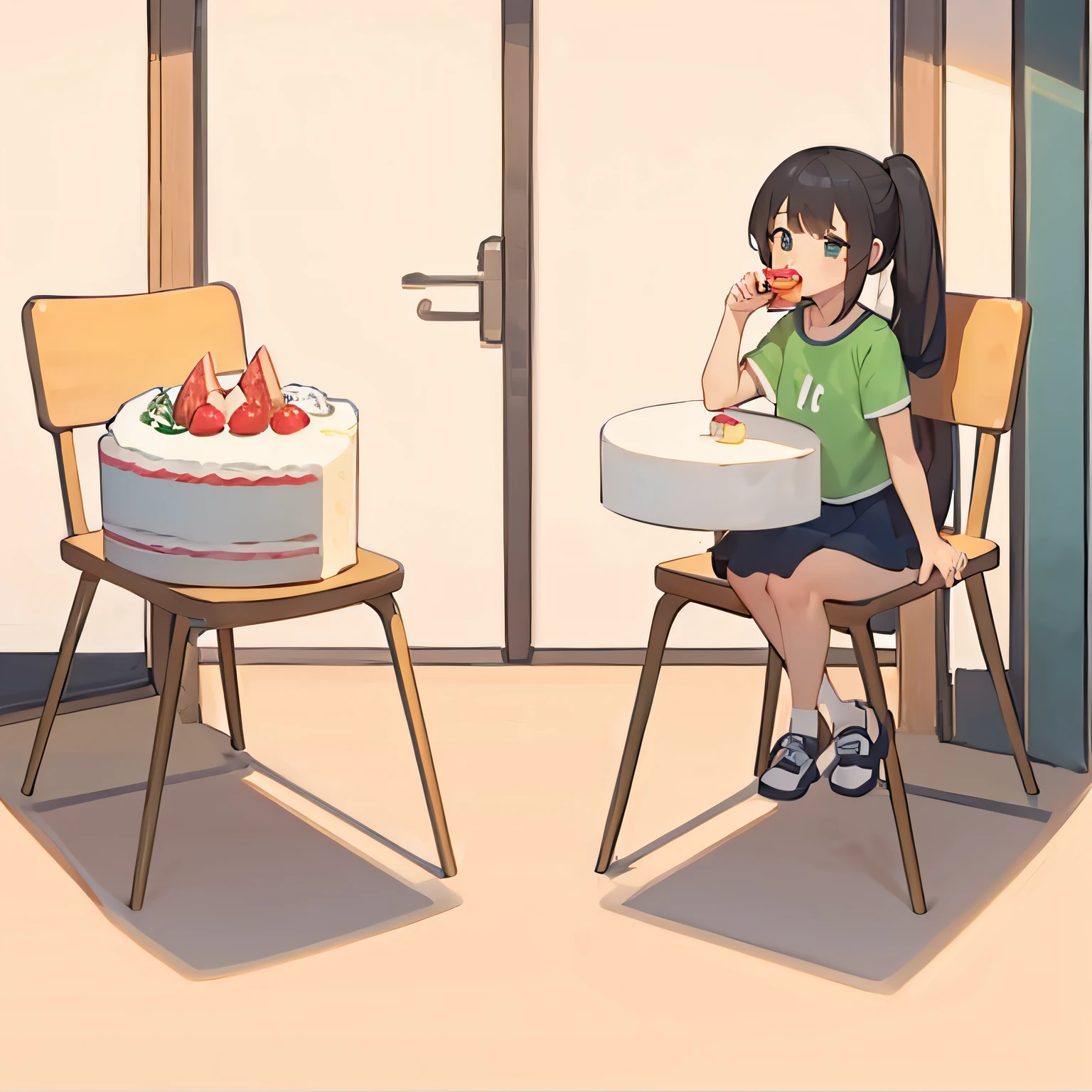 A cena consiste em duas cadeiras, ambas viradas uma pra outra. Em uma delas, It's a cake with one less slice.
Na outra cadeira, There's a girl in a short skirt sitting, e comendo a fatia do bolo.