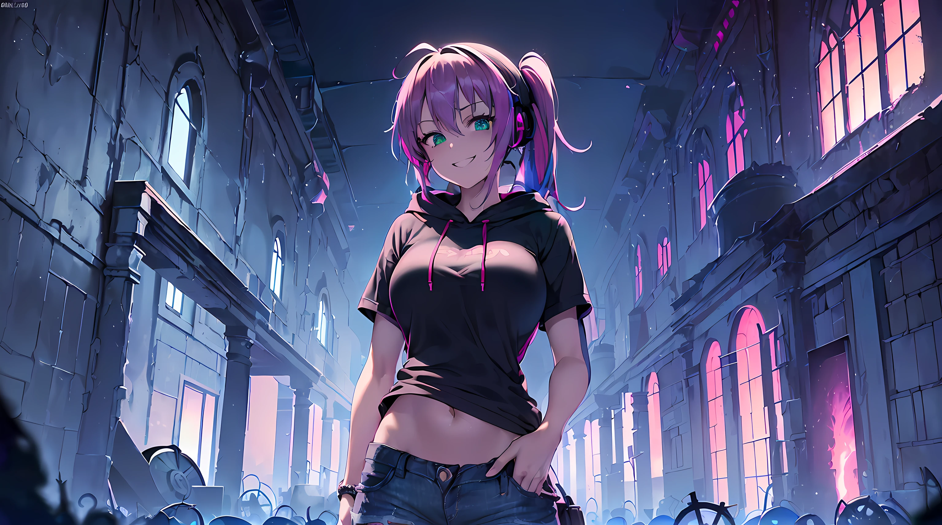 masterpiece, 1girl ((20year old, Black short sleeve hoodie exposes navel, tight blue jeans, medium breasts, multicolor pink hair, twin ponytails, green eyes, flirting, happy, big smile, headphones, standing in a graveyard at night, scary and abandoned old Victorian styles homes, dark and spooky night atmosphere)), ((nighttime))