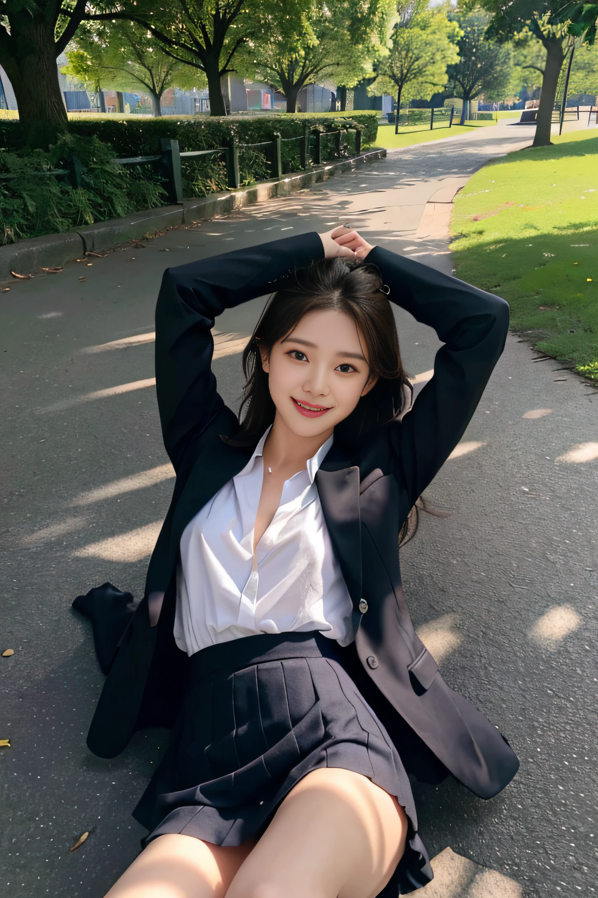 Girl lying in the park，Small、fullnude、Spread your legs boldly、A smile、Visible、semilong hairstyle、Hair that flutters in the wind、suits、Flip up your skirt