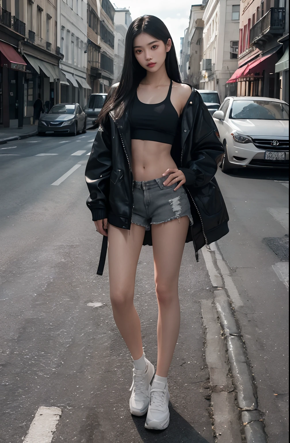 best quality, masterpiece, (photorealistic:1.4), 1girl, raw, ultra hd, dramatical light, glowing skin, full body, standing in front of store, long black straight hair, gray cotton jacket, white croptop, hot pants, long shock, white shoes, street wear style, body slim, asian girl, abs,