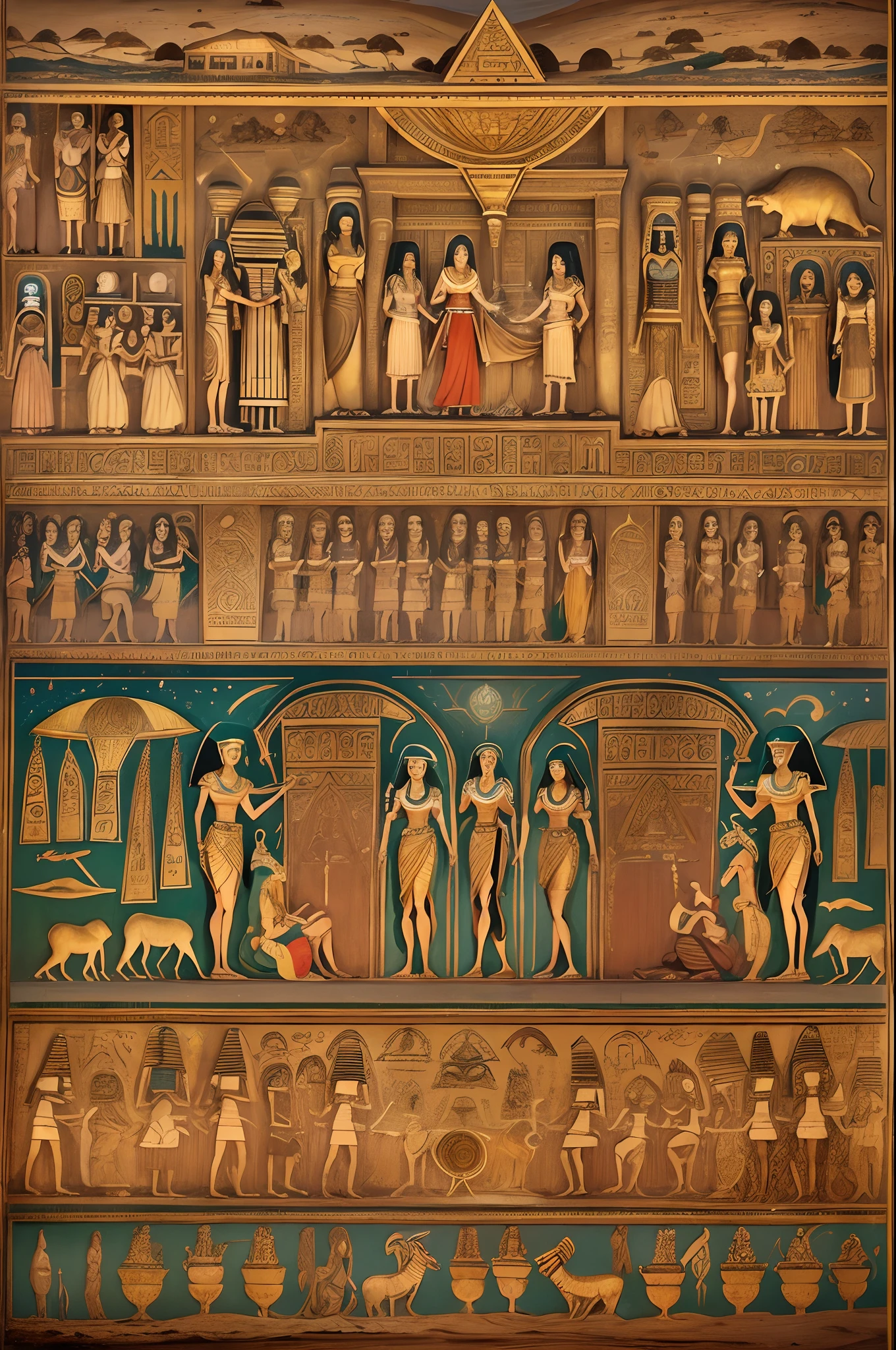 ancient egyptian kingdom,prompt is generated as follows:
"(best quality,4k,8k,highres,masterpiece:1.2),ultra-detailed,(realistic,photorealistic,photo-realistic:1.37),egyptian ancient kingdom,sand dunes,golden temples,colorful hieroglyphics,royal pharaoh,imposing pyramids,fascinating sphinx,majestic tombs,scarab beetles,enchanted oases,precious jewelry,captivating murals,rich cultural heritage,pharaonic architecture,magical Nile River,diverse flora and fauna,mythical gods and goddesses,mysterious rituals and ceremonies,royal chariots,elaborate headdresses,ornate sarcophagi,exotic trade routes,thousands of years of history,timeless treasures,mythical legends and stories,divine sun disc,shimmering desert sands,majestic falcons,lotus flowers,burial rituals and mummification,celestial afterlife,bustling marketplaces,ancient Egyptian art,cosmic alignment with the stars,grand processions,ritualistic dances,royal banquets,incense-filled temples,charming papyrus scrolls"
Hope you are satisfied!If you still have a new theme,Please let me know。