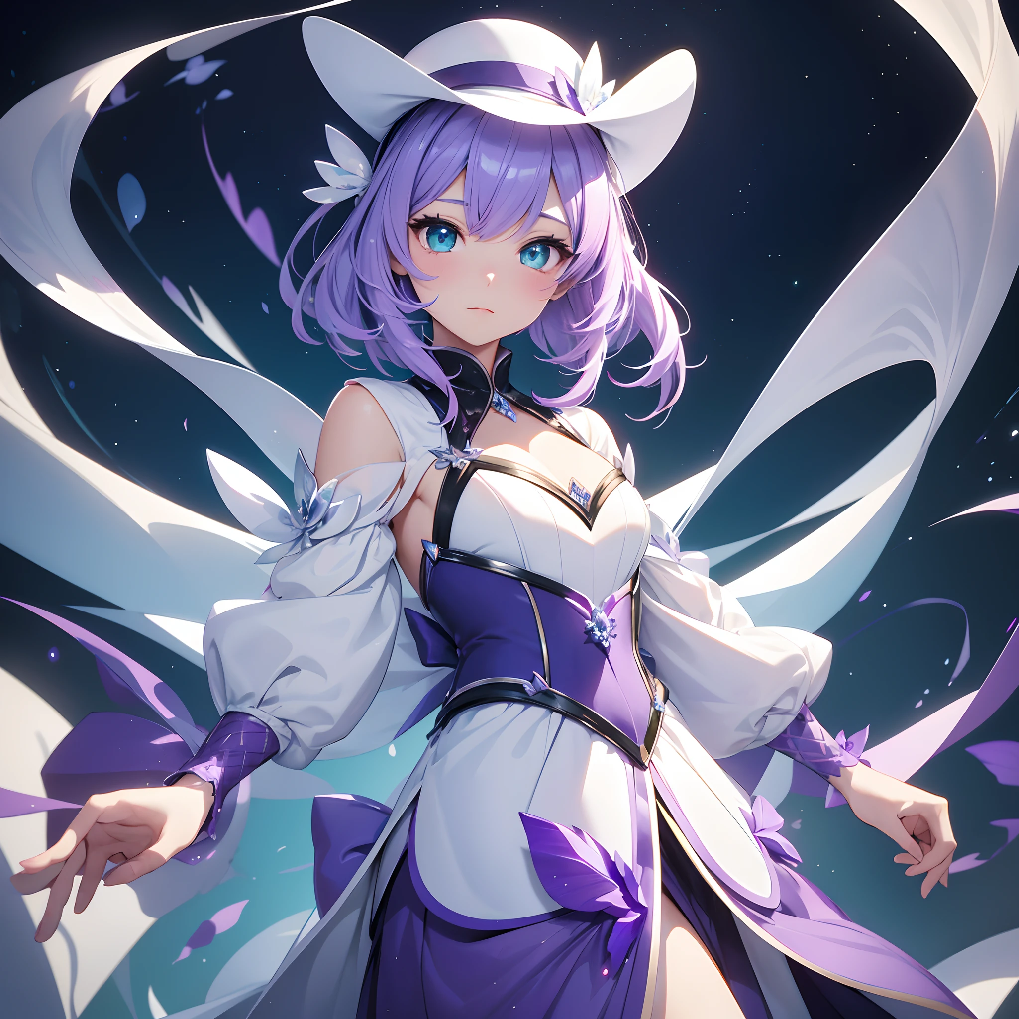 animated painting、high-level image quality、masterpiece、2D、Drawing、A strange sight that makes you feel like you are in a different space from your surroundings、Illuminated by the light from the front、Realistic and detailed background depiction、Cute One Girl、Hairstyle matches bangs、Side hair is tied with a ribbon、Emerald eyes reflecting light、Maiden's Prayer、Glowing scales、powder light、Pearl White Base、Hair color is purple, Transparent and glitter、tuxedo、Swallow Hat、