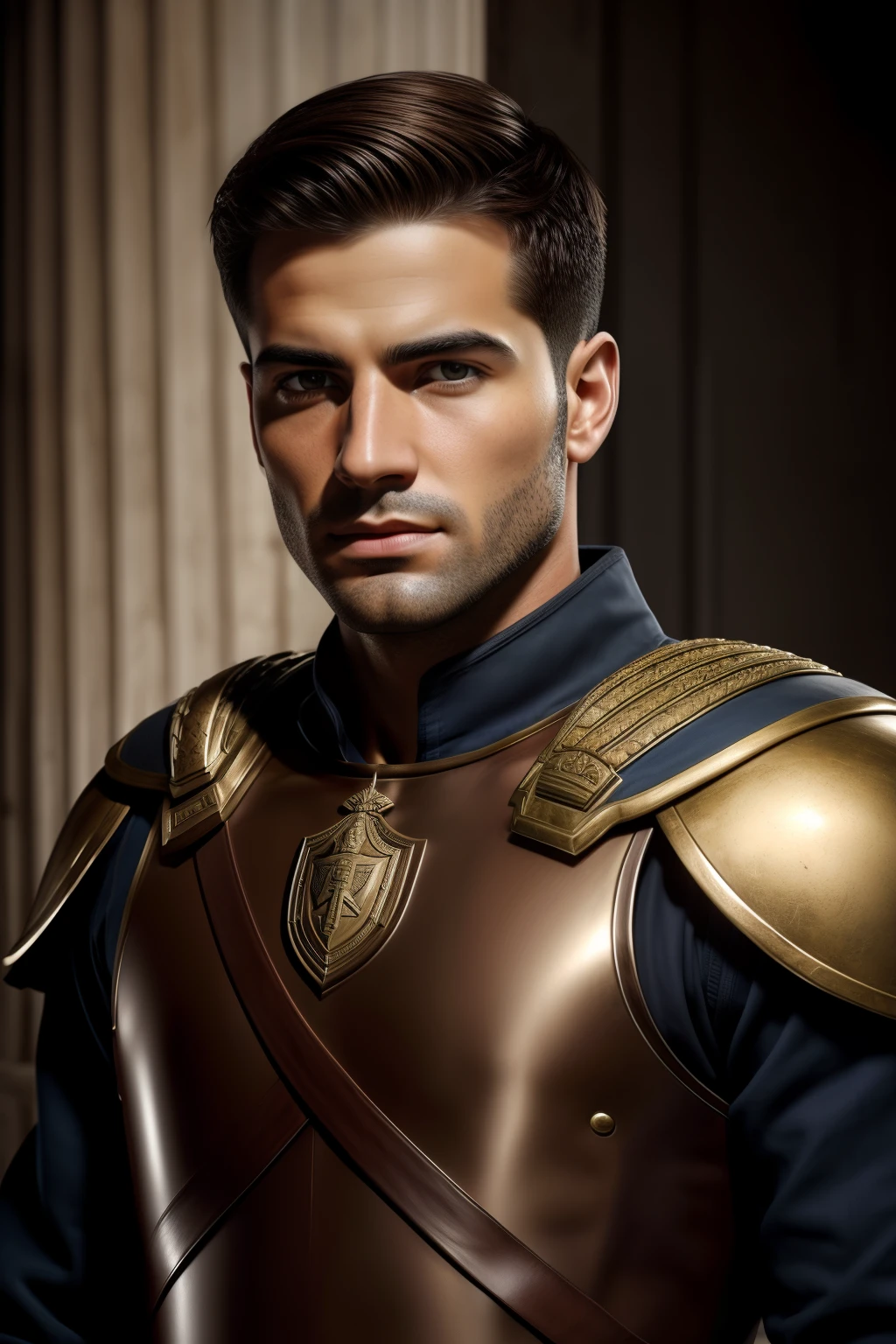 (Masterpiece), (Best Quality), Cinematic, Photorealism Rendering, Realistic, Ultra Detailed, Perfect Face, Portrait Frame, Chest Up, Greek Soldier, Ancient Greek Soldier, 25 Year Old Male, No Beard, Brown Eyes, Armor greek, detailed armor, short hair, hair combed to the right side, military cut, front, look forward