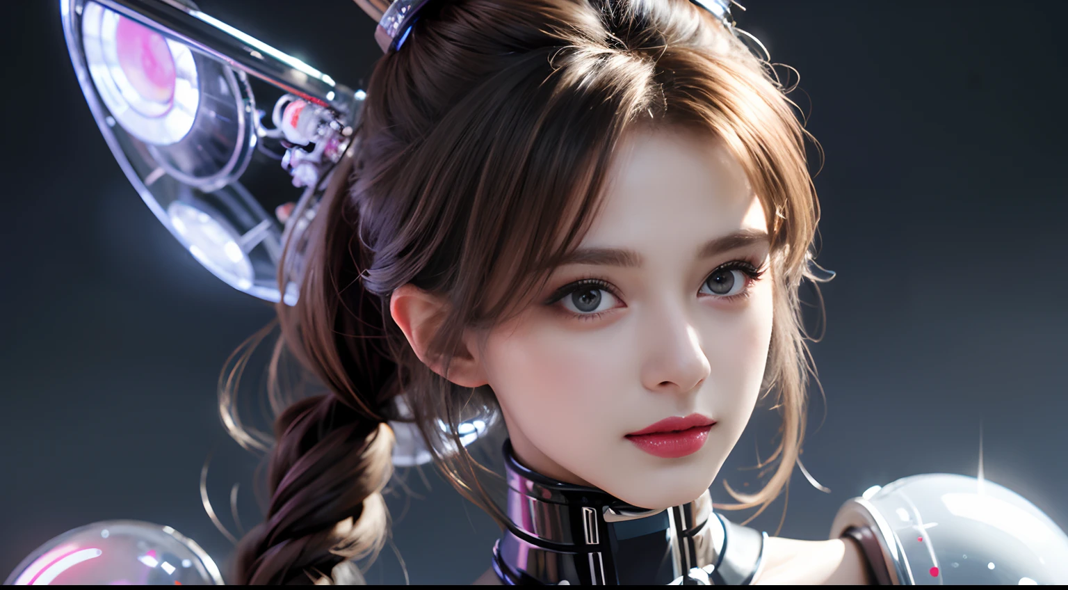 A close-up head and chest portrait of a pretty and cute woman, her chest adorned with pneumatic tubes that give her a unique and futuristic appearance. The highly detailed digital rendering captures every aspect of her beauty, from her delicate features to the intricate tubes.