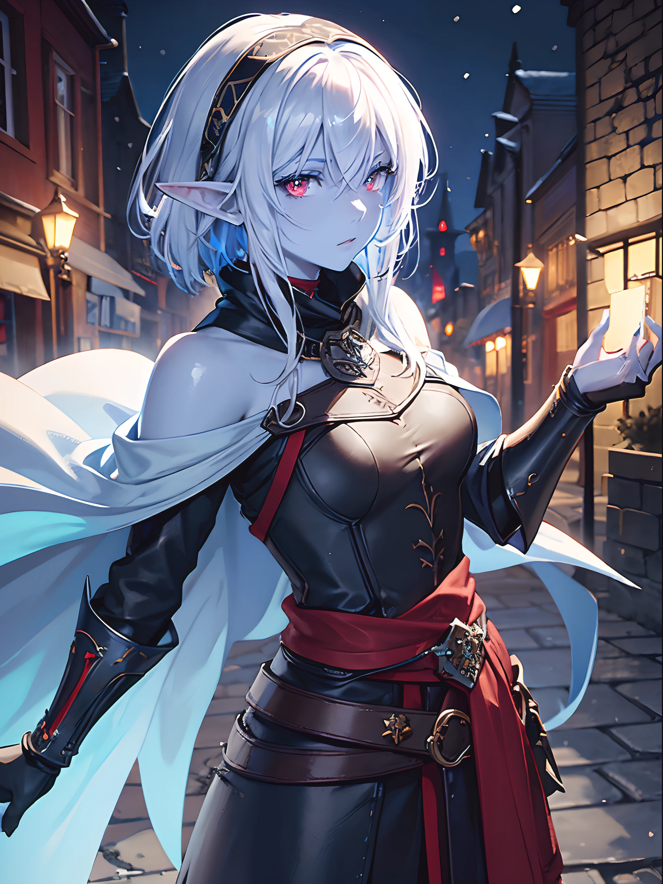 Close up, fantasy world, medieval city, stone city, snow, humanoid, elf, her skin is a blue skin color, blue skin colour, red eyes, short messy white hair, emotionless expression, black leather armour, red leather pieces, leather straps, red cloak, bandana covering face