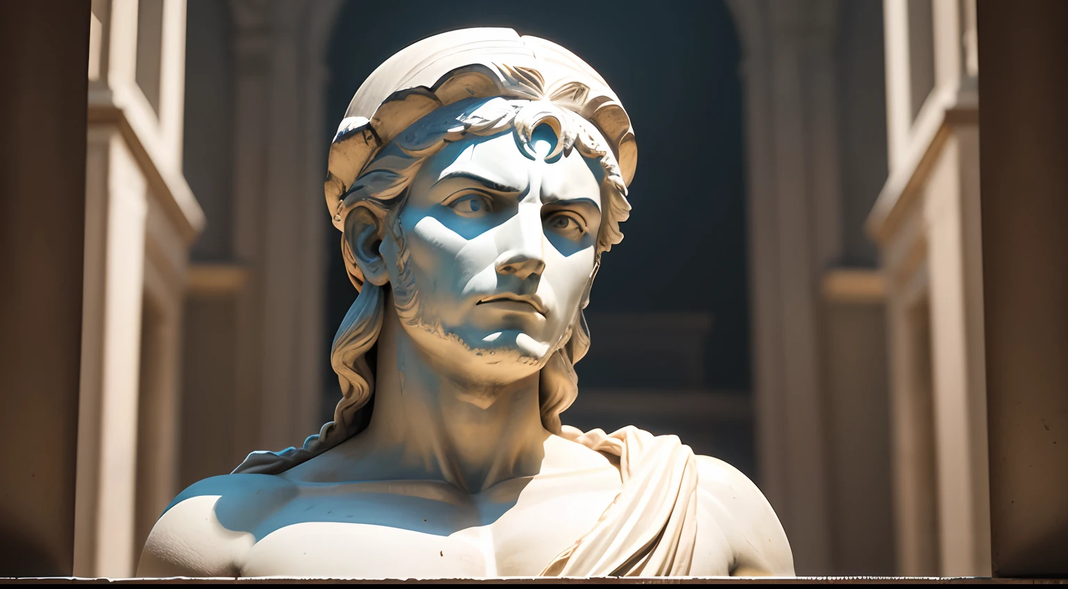 Ancient Greek statue with angry expression, Ambiente escuro, ao ceu aberto, 35 mm, corpo inteiro, lateralmente, com rosto extremamente detalhado, Colors with low saturation with dark tone, Filmado em Sony A7S III com Sony FE 35mm f/1.8, 12.1 MP, --AR 3:2 --estilo cru