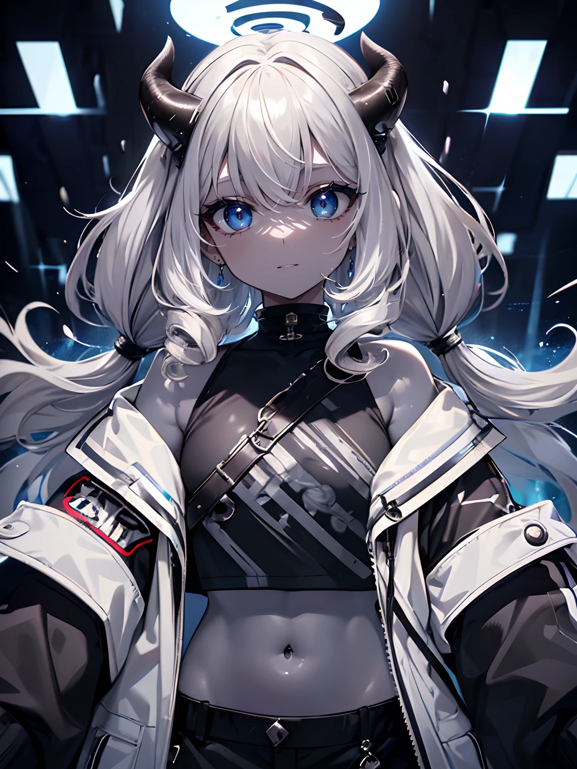(masterpiece,best quality,ultra-detailed),1girl,smirk, glowing eyes,white and silver and grey hair and black hair,curly hair,(messy hairstyle),oni horns,crop top, jacket,(colored skin,blue-gray skin), beautiful and detailed face, detailed eyes,((petite)),(()),small chest,