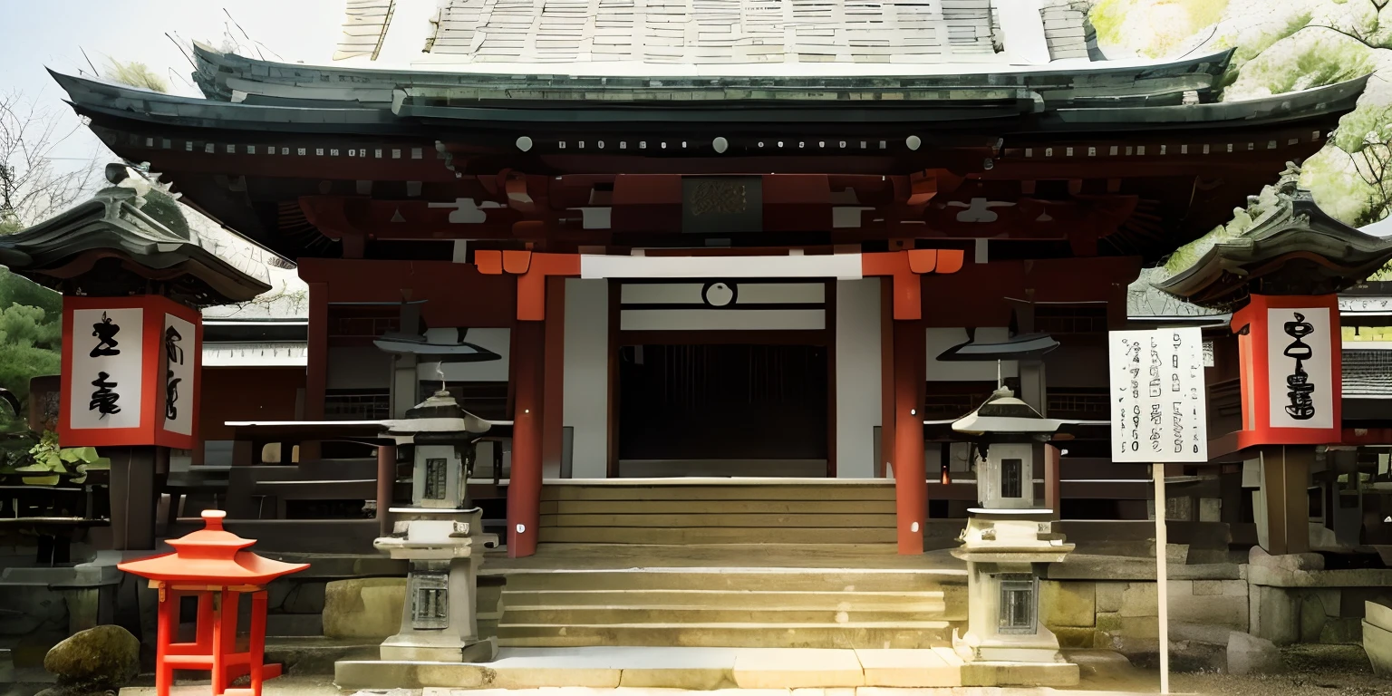 There is a small shrine on the steps,Red lanterns hang from it, shrines, A Japanese shrine, Shrine, japanese temples, Shrines, Inari Shrine, inspired by Sesshū Tōyō, fuji pro 400h, sōsaku hanga, japanese temples, an altar of a temple, Fujifilm 5 0 R 3 5 mm, A temple