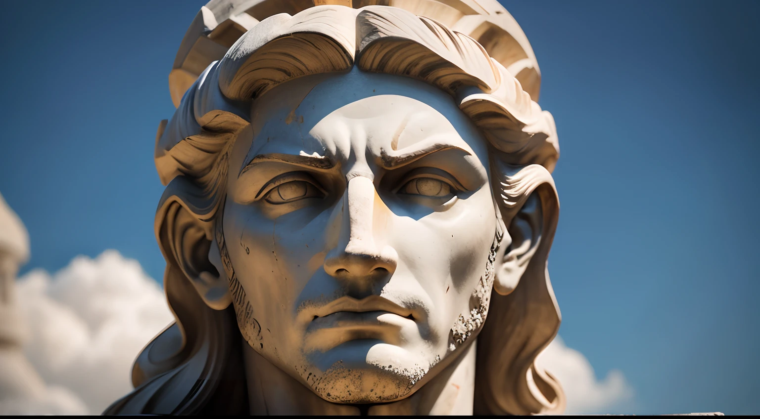 Ancient Greek statue with angry expression, Ambiente escuro, ao ceu aberto, 35 mm, corpo inteiro, lateralmente, com rosto extremamente detalhado, Colors with low saturation with dark tone, Filmado em Sony A7S III com Sony FE 35mm f/1.8, 12.1 MP, --AR 3:2 --estilo cru