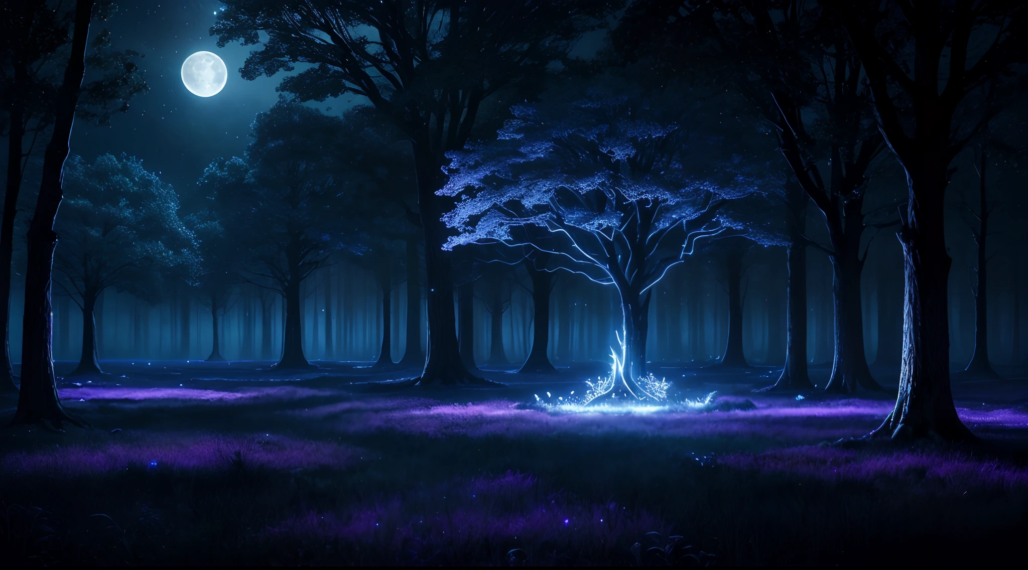 (best quality,4k,8k,highres,masterpiece:1.2),ultra-detailed,(realistic,photorealistic,photo-realistic:1.37),night, dim, blue, World Tree, ethereal, dream-like, mysterious, moonlight, glowing, stars, mystical creatures, deep roots, intertwined branches, magical, serene, tranquil, whispers of nature, hidden secrets, ancient folklore, the breath of the forest, majestic, enchanting, otherworldly, surreal, vastness, tranquility, mystical aura, mesmerizing, captivating, soft glow, nocturnal, celestial, dusk, moonlit shadows, enchantment, cosmic, endless magic, moonlit canopy, twilight, stillness, ethereal beauty, mystical glow, whispers from the nocturnal realm, spellbinding, surrealistic ambiance, nighttime symphony, moon-kissed leaves, ethereal creatures, quiet enchantment, silent guardianship, dark fantasy, tranquility of the night, ethereal wonder, magical nightfall, starlit path, resplendent night sky