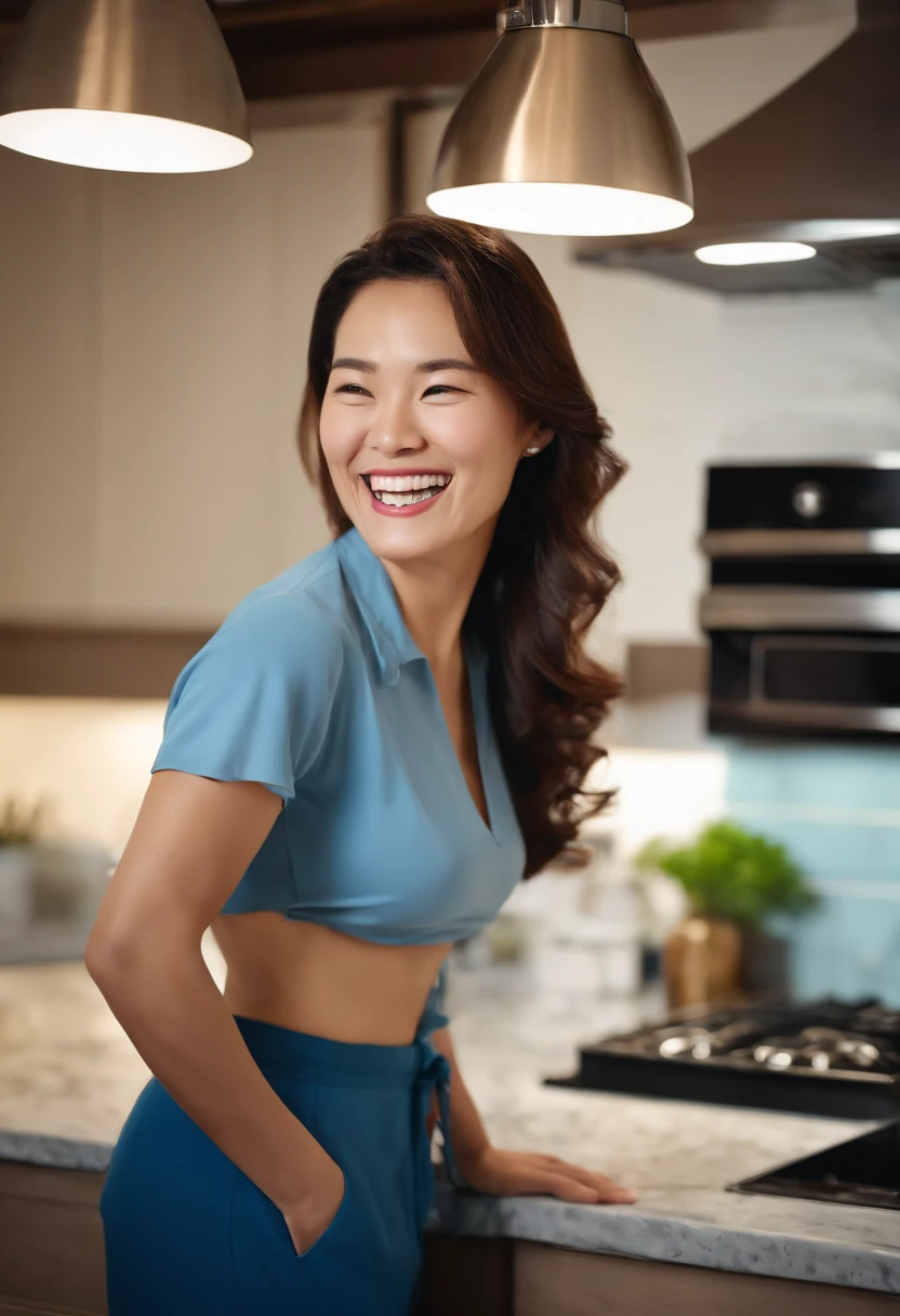 (laugh:1.5), 40 yo, fat face, blue polo shrits and white pants, crow's feet wrinkles, small breasts,japanese beauty, girl, 8k, RAW photo, best quality, masterpiece,realistic, photo-realistic,clear (focus:1.1),professional lighting, beautiful face, She's in the kitchen cooking.