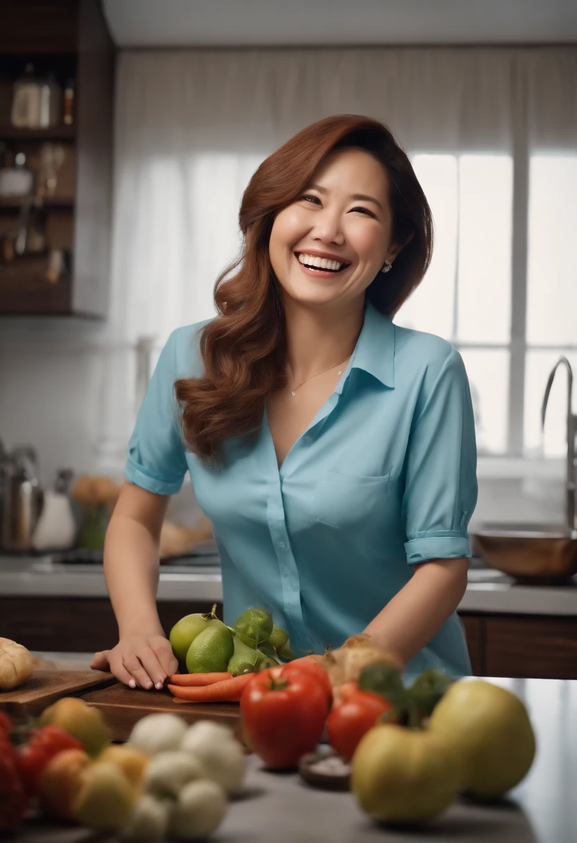 (laugh:1.5), 40 yo, fat face, blue polo shrits and white pants, crow's feet wrinkles, small breasts,japanese beauty, girl, 8k, RAW photo, best quality, masterpiece,realistic, photo-realistic,clear (focus:1.1),professional lighting, beautiful face, She's in the kitchen cooking.