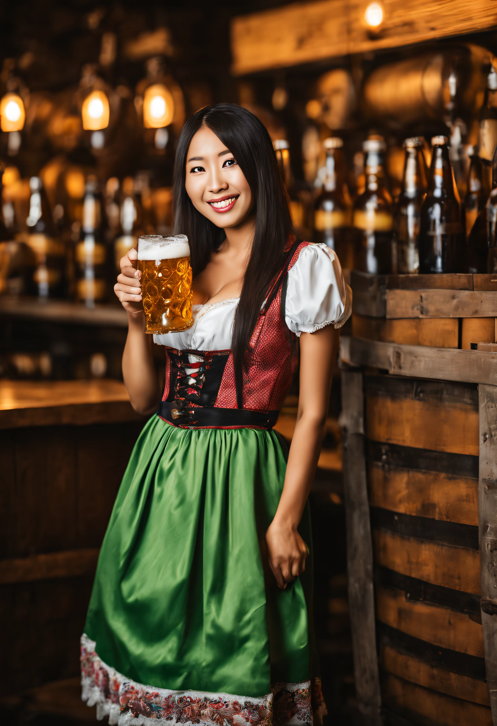 RAW (full-length photo) of 25 year old Japanese AND (Nigerian:0.3) girl with long haircut, happy eyes, wearing (opened) sexy dirndl, (naked breasts), (oktoberfest background), (beer fest), detailed real skin, professional photo