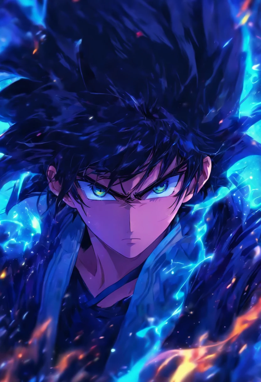 A close up of a person with a blue eyes and a black hair - SeaArt AI