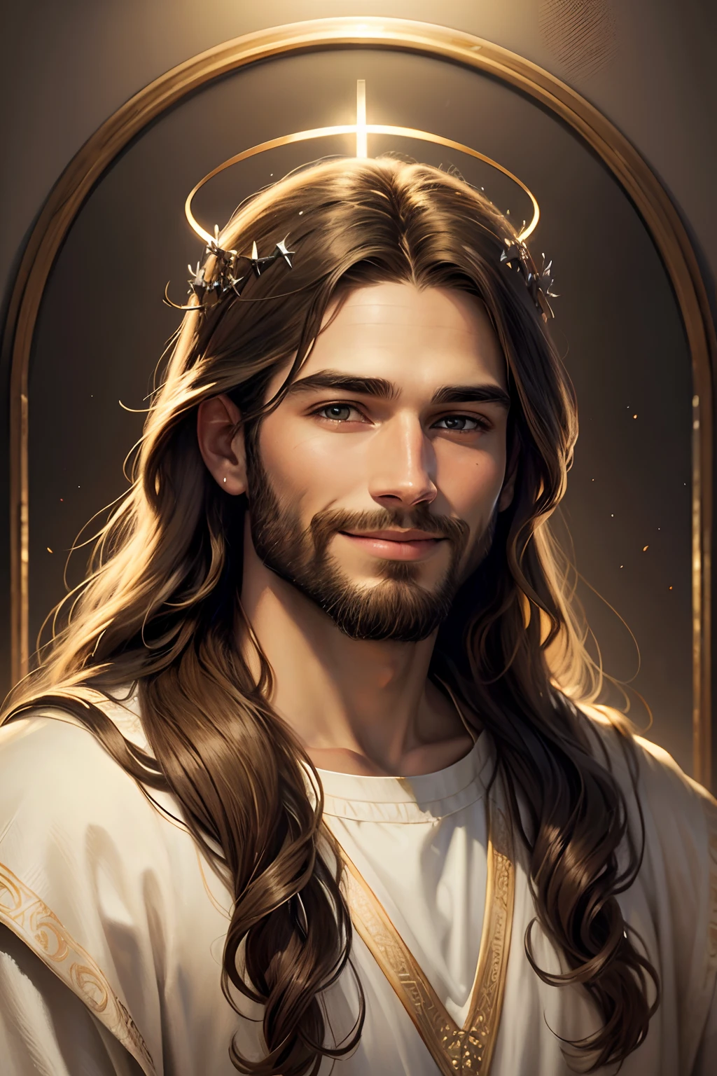 A painting of Jesus with a halo in heaven, Jesus Christ, Smiling in heaven, Portrait of Jesus Christ, Face of Jesus, Young God Almighty, Portrait of a Heavenly God, Greg Olsen, Jesus Gigachad, Jesus of Nazareth, Jesus, The face of God, God looking at me