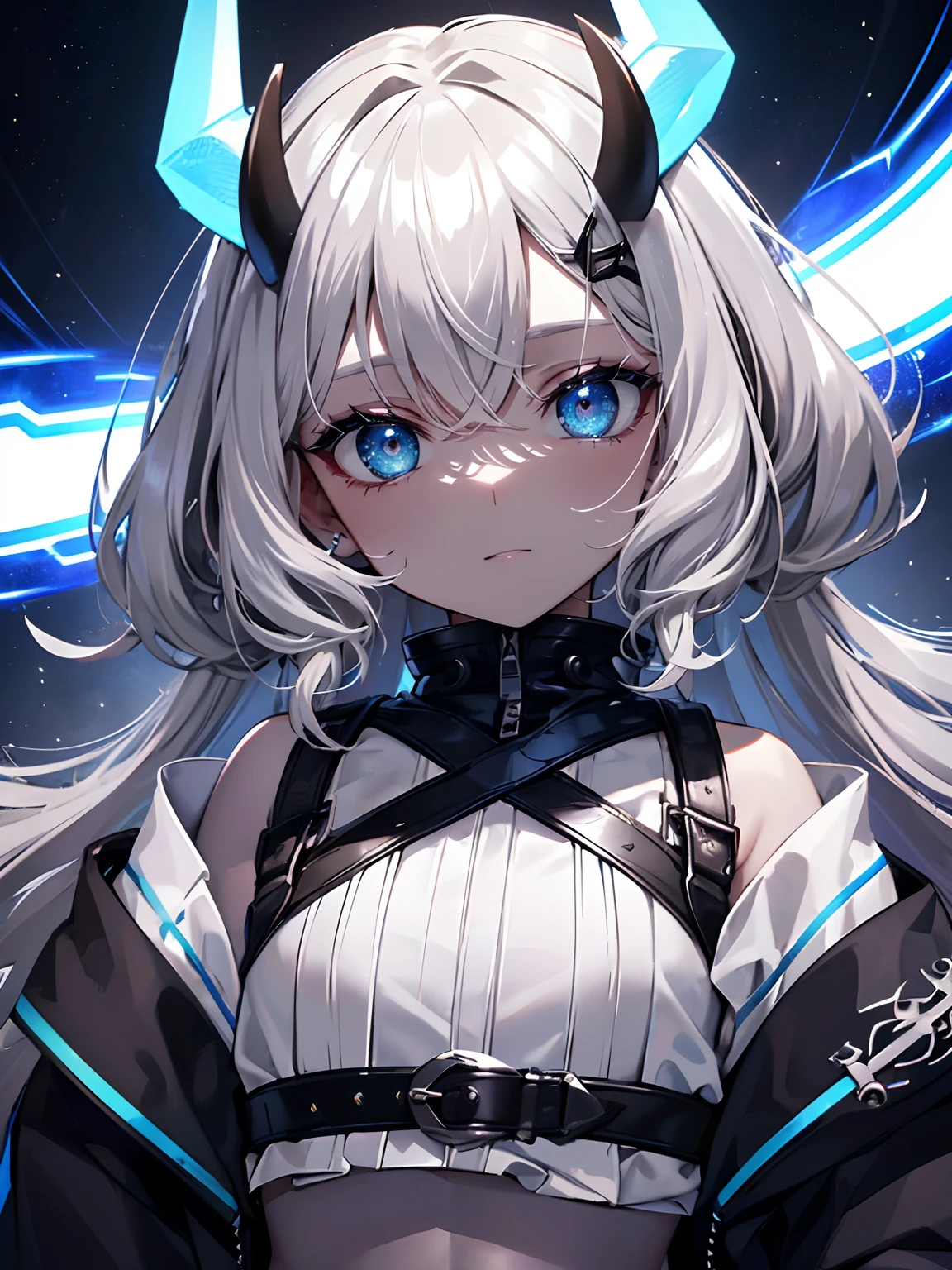 (masterpiece,best quality,ultra-detailed),1girl,smirk, glowing eyes,white and silver and grey hair and black hair,curly hair,(messy hairstyle),oni horns,crop top, jacket,(colored skin,blue-gray skin), beautiful and detailed face, detailed eyes,((petite)),((loli)),small chest,