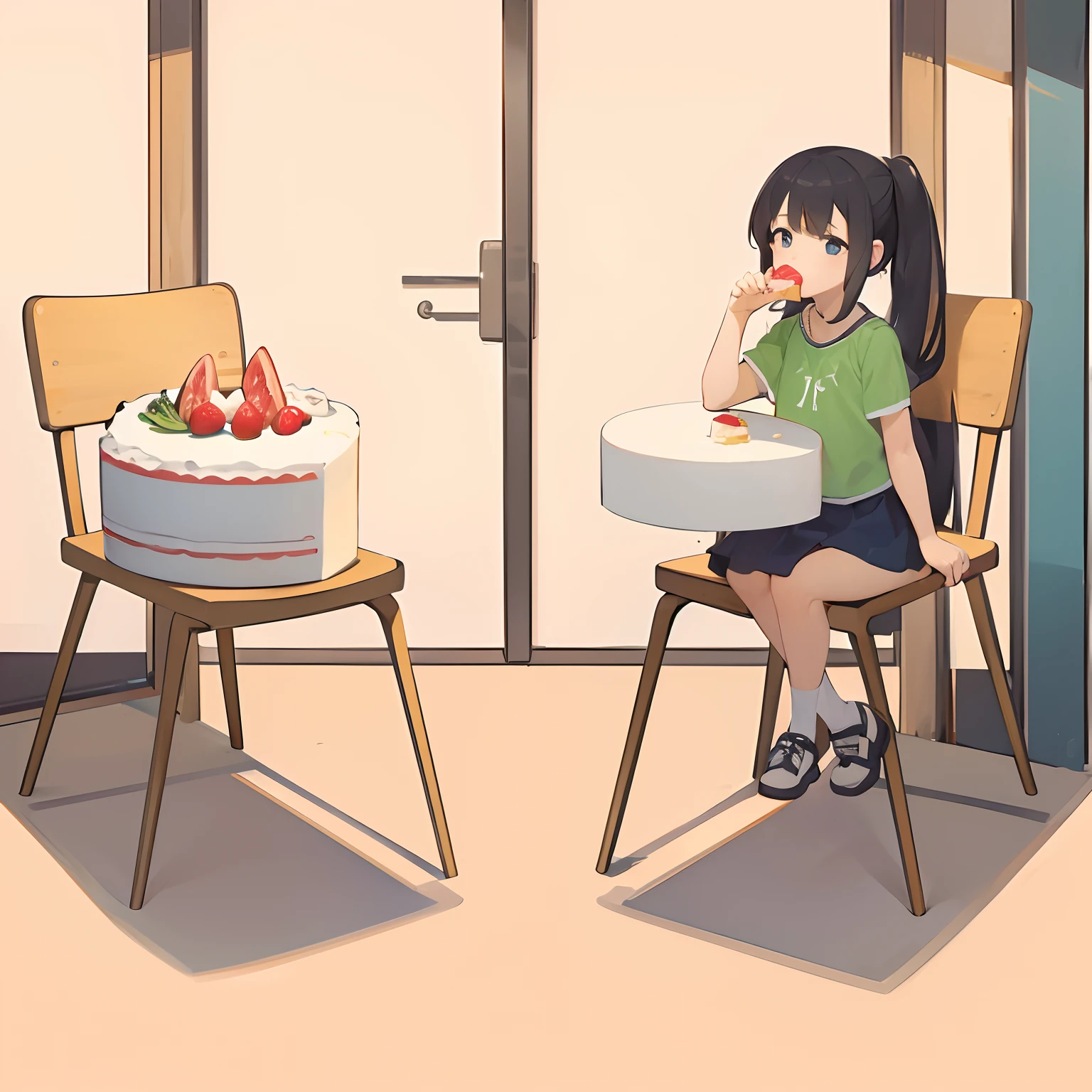 A cena consiste em duas cadeiras, ambas viradas uma pra outra. Em uma delas, It's a cake with one less slice. 
Na outra cadeira, There's a girl in a short skirt sitting, e comendo a fatia do bolo.