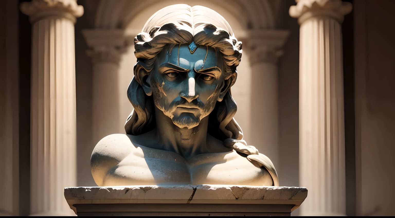 Ancient Greek statue with angry expression, Ambiente escuro, ao ceu aberto, 35 mm, corpo inteiro, lateralmente, com rosto extremamente detalhado, Colors with low saturation with dark tone, Filmado em Sony A7S III com Sony FE 35mm f/1.8, 12.1 MP, --AR 3:2 --estilo cru