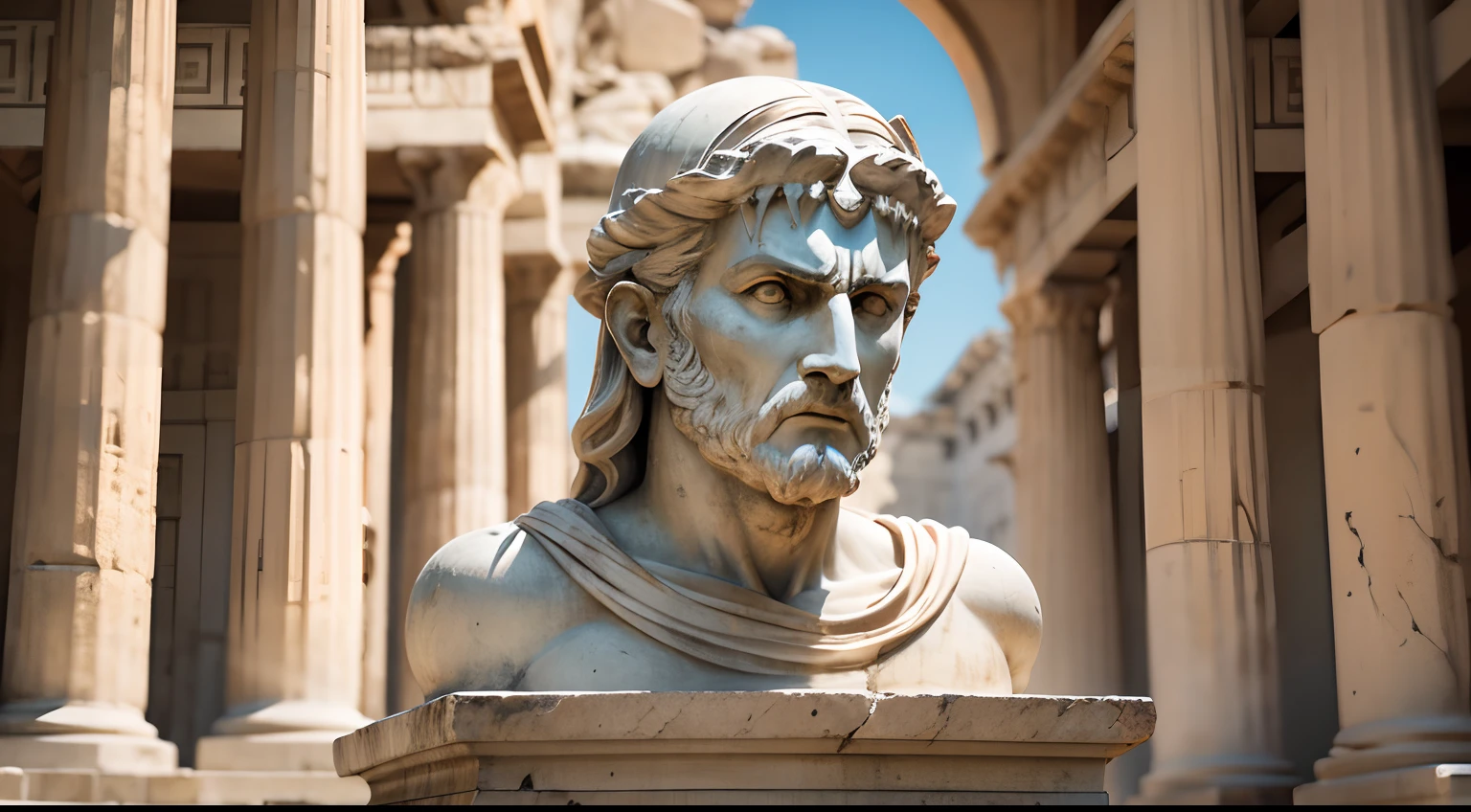 Ancient Greek statue with angry expression, outside, com rosto extremamente detalhado, Colors with low saturation with dark tone, Filmado em Sony A7S III com Sony FE 35mm f/1.8, 12.1 MP, --AR 3:2 --estilo cru