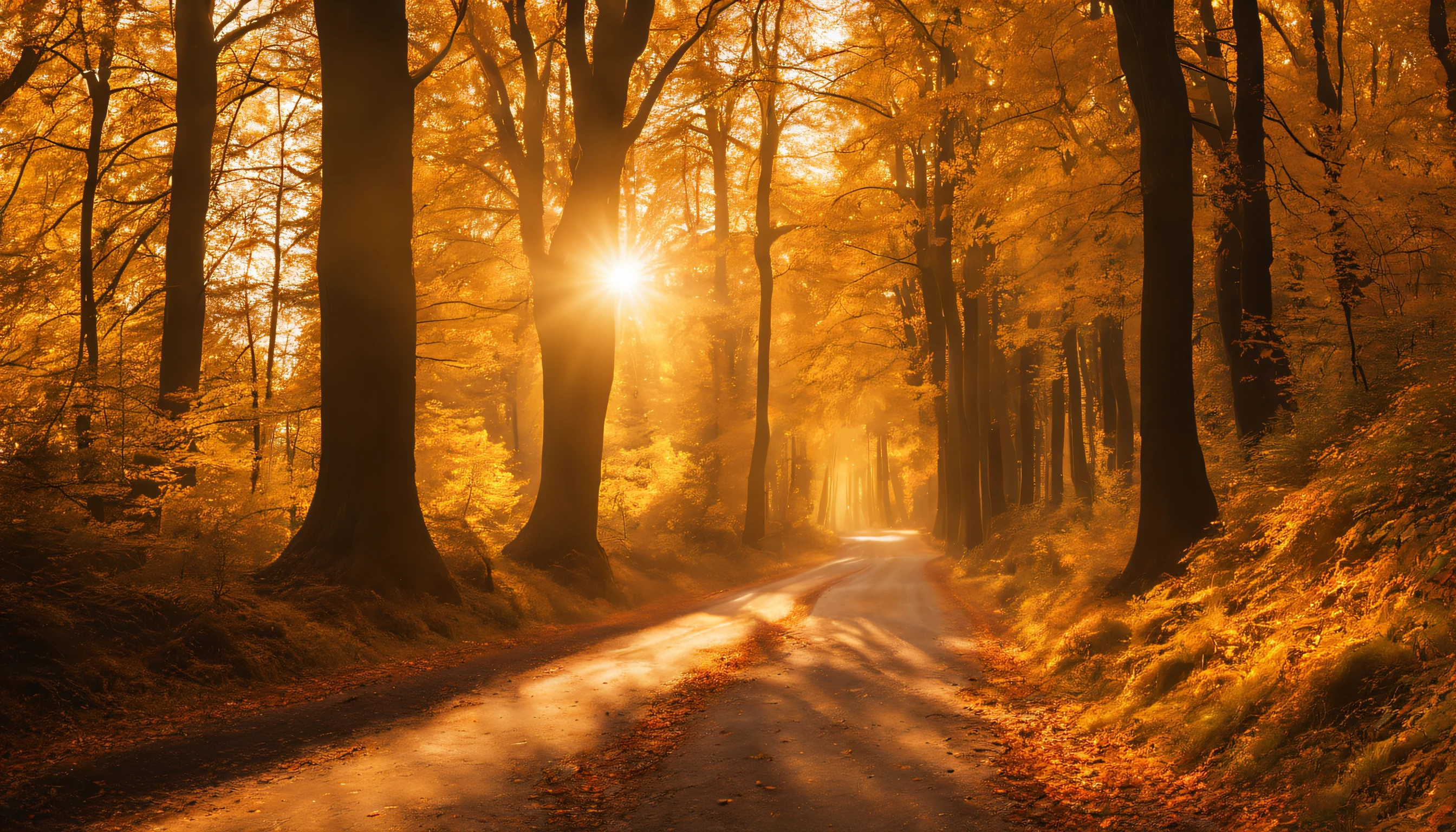 arafed road in the middle of a forest with trees and leaves, soft autumn sunlight, autumn sunlights, shutterstock, autumn light, sunny amber morning light, autumn sunrise warm light, golden autumn, tree-lined path at sunset, autumn lights, melancholy autumn light, at sunset in autumn, golden rays of sunlight, autumn forest, bright dappled golden sunlight