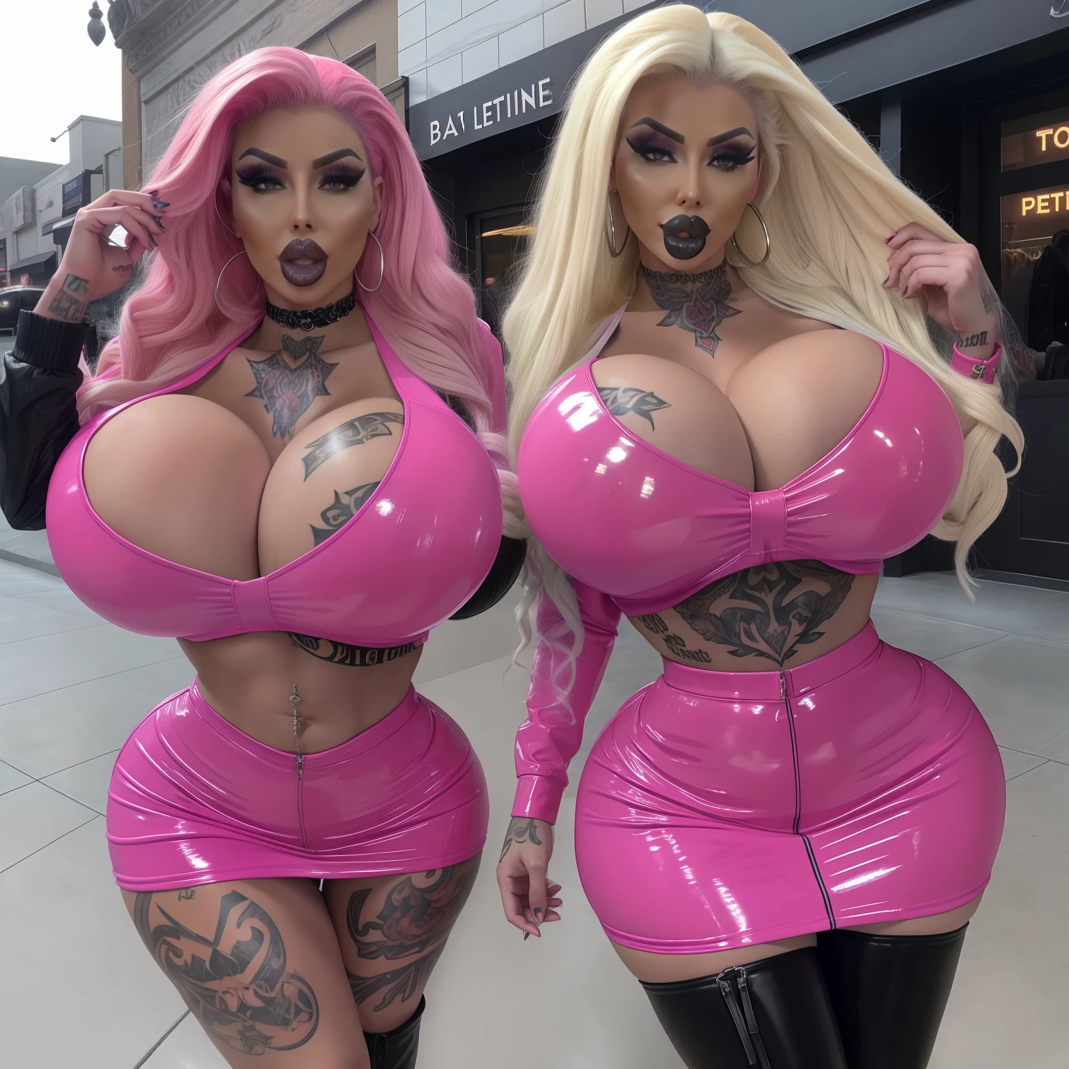 Bimbos, cheap prostitutes, huge fake lips, huge fake breasts, goth, dominatrix, Louis Vuitton bag, tattoos, hair extensions, very long hair, curls, transgender bimbos, bimbodolls, fake bimbodolls, silicone bimbosluts, face tattoos, tattoos on chest, fake transgender bimbos, arabic, wasp-waisted, very skinny, standing, bellybutton piercing, rainbow colored hair, big hair, very high heels, masculine bimbos, shemales, Drag Queens, ahegao, pale skin, dreadlocks, smoking cigarette, bimbo makeup, crop top, fur, pink latex, mini skirt, latex boots, injected lips, botox, huge cleavage, walking, outside, busy street, face detail, high quality, full body view