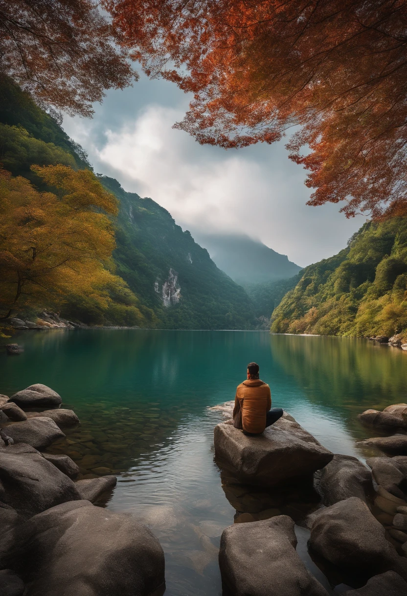 tmasterpiece,Ultimate quality,CG unity 8k wallpaper,Super delicate,Beautiful skies and clouds,Rich natural scenery,sheer cliffs,Lakes and rivers,Waterfall flying water,Aoyama is beautiful,Nowhere to be seen,Excellent view,A long-won photo contest,Background bokeh,The depth of field is full,HDR high dynamics,True restore,Attention to detail,Dramatic,The perfect presentation of Midjourney's artistic style,There is someone sitting in the foreground