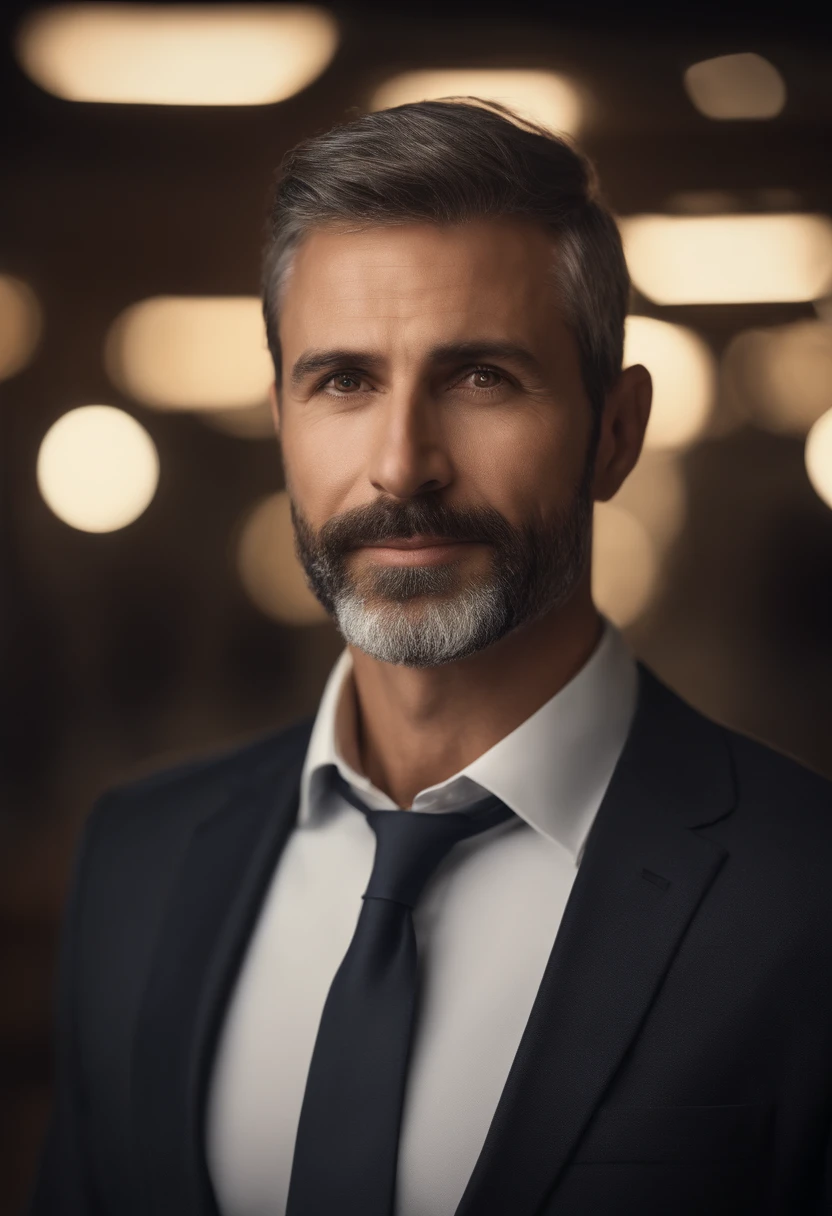 realistic image of middle-aged business professional, 100 ponds of weight, professionally dressed in a suit and tie, high-quality, highest resolution, standing position, hands down, professional, beautiful detailed slightly brownish eyes , beautiful detailed lips, short beard, graying short hair, kind expression, warm smile, distinguished look, proper lighting, plain background, clean image with no blurry effect