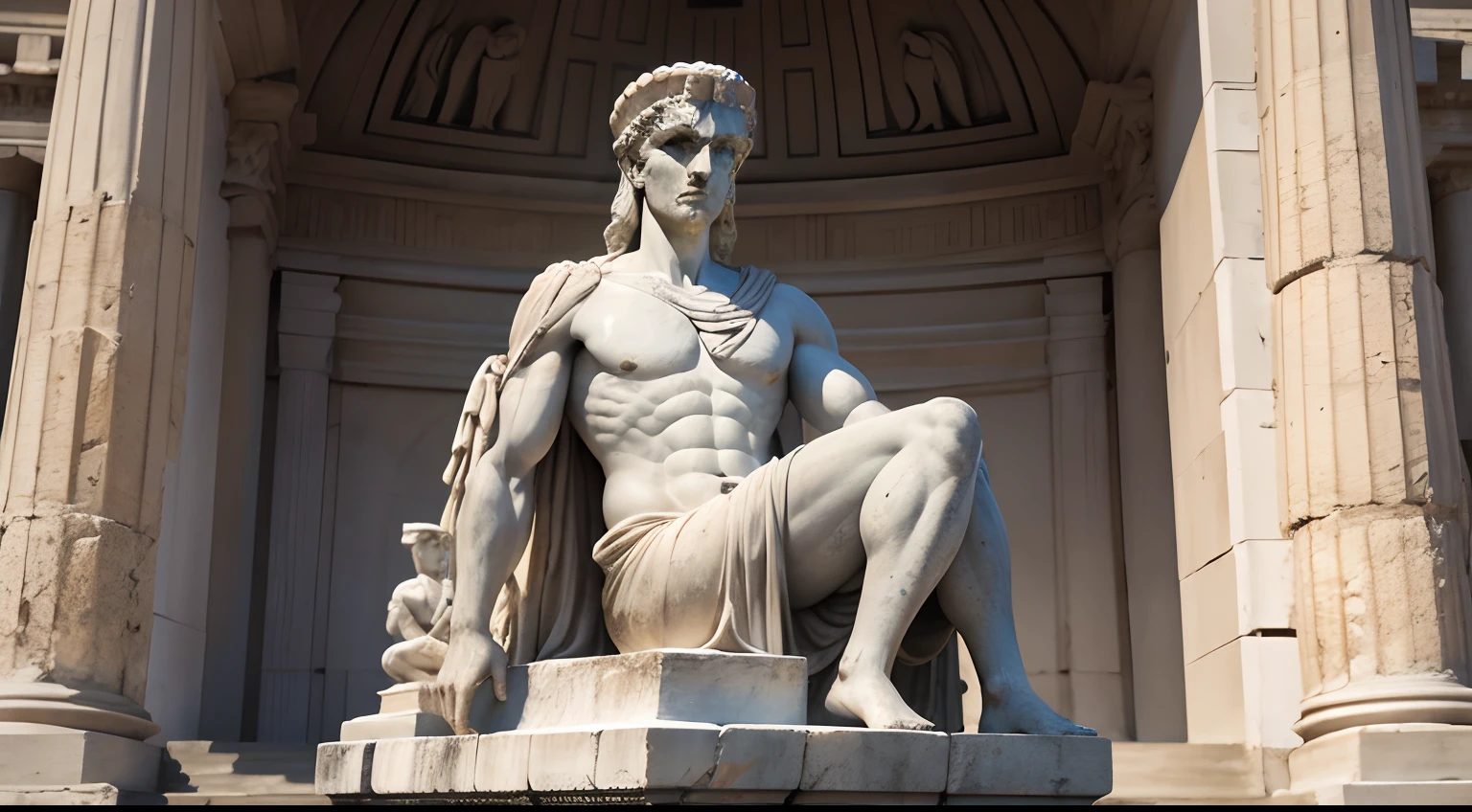 Ancient Greek statue with angry expression, outside, com rosto extremamente detalhado full body view, Colors with low saturation with dark tone, Filmado em Sony A7S III com Sony FE 35mm f/1.8, 12.1 MP, --AR 3:2 --estilo cru