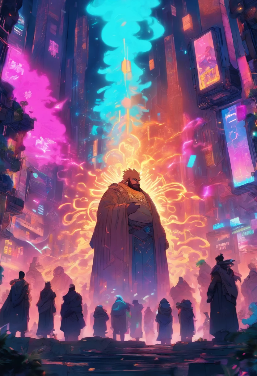 a digital painting of Setting: A bustling urban cityscape at sunset, with skyscrapers casting long shadows and streets filled with people going about their daily lives. Illustration: The sky suddenly illuminates with a radiant golden hue. A portal, swirling with cosmic energy, opens above the city. From it, descend the ancient ancestors, appearing as infants but emanating an aura of ageless wisdom. Foreground: A group of descendants, representing diverse backgrounds, looking up in awe and confusion. Speech Bubbles: Ancestor 1 (emerging from the portal): "Fear not, descendants. We come from beyond time, bearing truths long forgotten." Descendant 1 (pointing up): "Who... or what are they?" Descendant 2 (squinting): "They look like babies... but feel... ancient?" , cyberpunk art by Josan Gonzalez, winner of the behance contest, afrofuturism, synthwave, neon, shiny neon, Brazilian man, ((shaved beard)) rounded face, ((fat face)), Face, chubby, ((((scarred afro hair)))