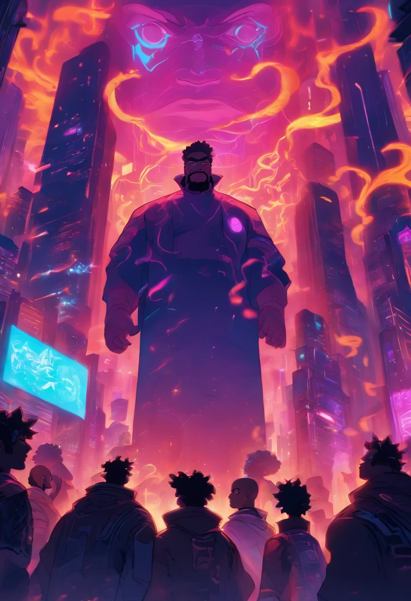a digital painting of Setting: A bustling urban cityscape at sunset, with skyscrapers casting long shadows and streets filled with people going about their daily lives. Illustration: The sky suddenly illuminates with a radiant golden hue. A portal, swirling with cosmic energy, opens above the city. From it, descend the ancient ancestors, appearing as infants but emanating an aura of ageless wisdom. Foreground: A group of descendants, representing diverse backgrounds, looking up in awe and confusion. Speech Bubbles: Ancestor 1 (emerging from the portal): "Fear not, descendants. We come from beyond time, bearing truths long forgotten." Descendant 1 (pointing up): "Who... or what are they?" Descendant 2 (squinting): "They look like babies... but feel... ancient?" , cyberpunk art by Josan Gonzalez, winner of the behance contest, afrofuturism, synthwave, neon, shiny neon, Brazilian man, ((shaved beard)) rounded face, ((fat face)), Face, chubby, ((((scarred afro hair)))