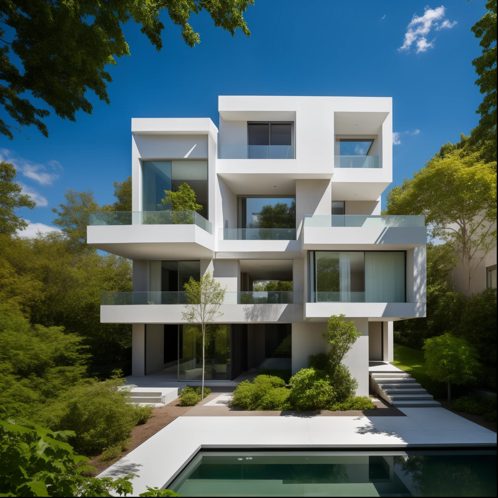 building,house,glass,white wall,outdoors,day,cloud,sunny,tree,grass,water,reflection,pavement,plant,lighting,stairs,multiple colors,real,(realistic),photo realistic,architecture photography,highly detailed,(masterpiece),(high quality),best quality,super detailed,full detail,4k,8k,table,chairs,pool,multiple people,