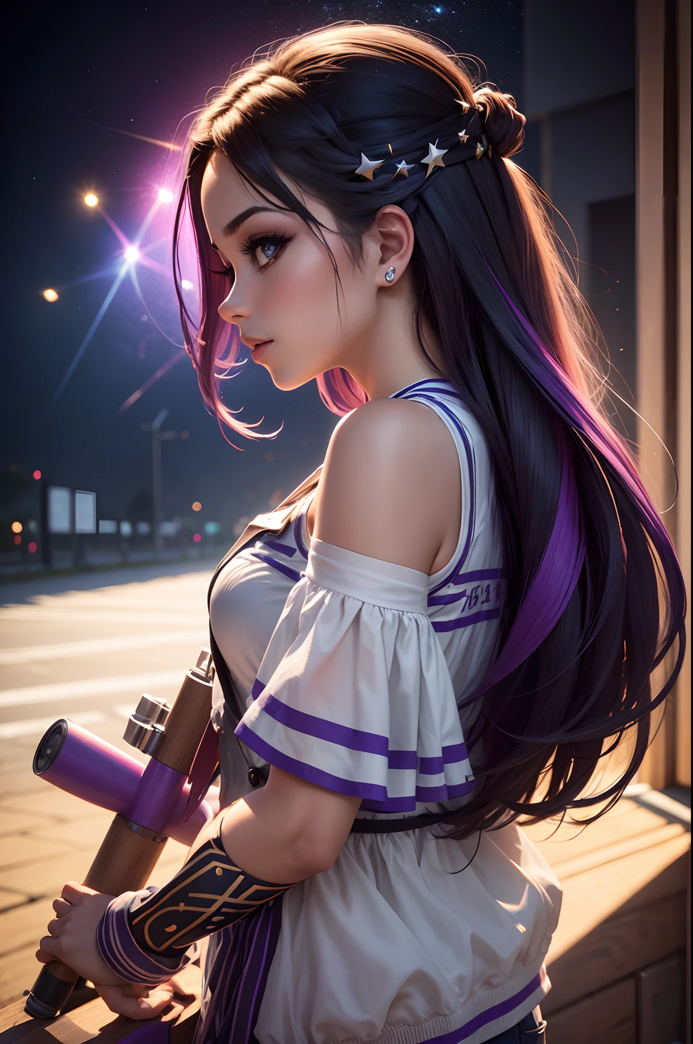 Mulher,instrumento musical, baterista, tocando bateria, (extremamente detalhado CG unidade 8k papel de parede),(master part), (melhor qualidade), (ultra-detalhado), (best illustration),(melhor sombra), cowboy shot, (Sharp eyeliner, sombra, olhos detalhados:1), Fundo da cidade, ,quebrar , (star15escola:1.2), ornamento de cabelo