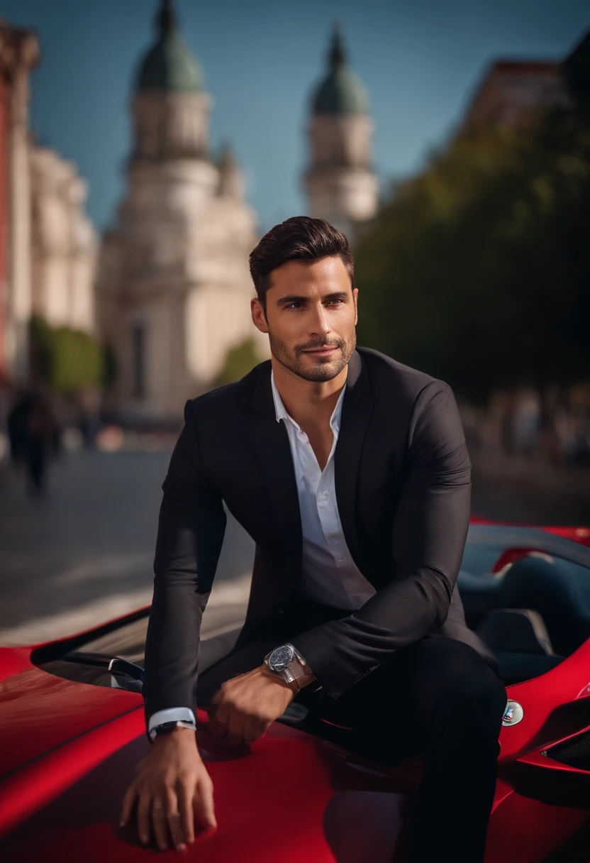 Portuguese 30yo man , dark short hair, dark suit,confident expression,sharp jawline,vibrant skin,smiling,handsome face,standing pose,city backdrop,professional studio lighting,realistic,a Ferrari, photorealistic:1.37,portraits,vivid colors,cool tone,soft lighting