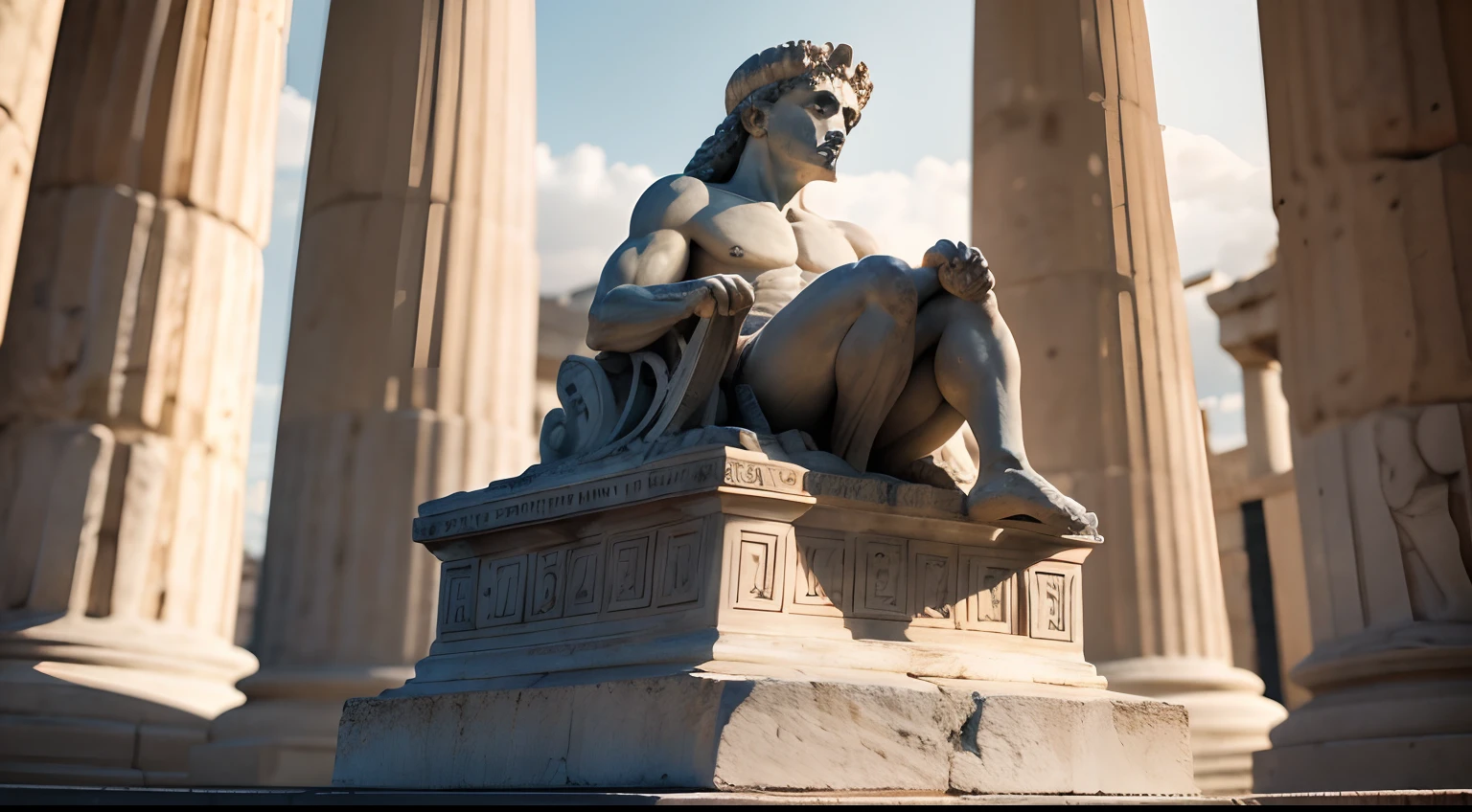 Ancient Greek statue with angry expression, outside, com rosto extremamente detalhado full body view, Colors with low saturation with dark tone, Filmado em Sony A7S III com Sony FE 35mm f/1.8, 12.1 MP, --AR 3:2 --estilo cru