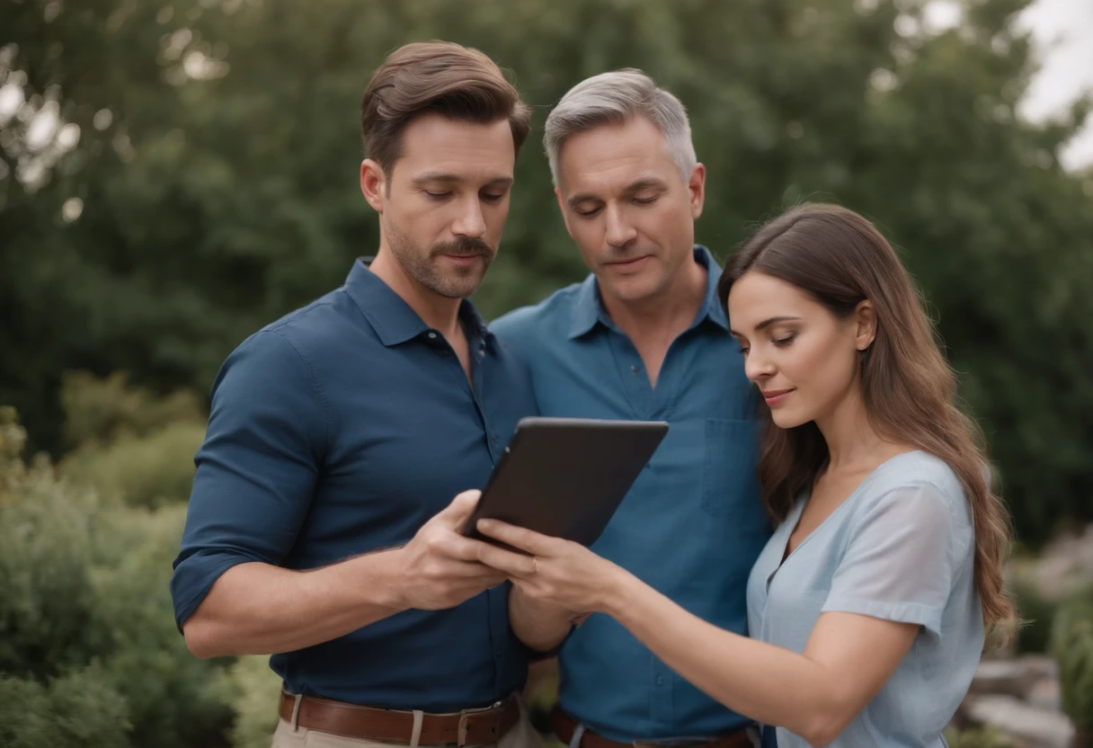 Attractive middle aged roofing company supervisor, meeting with a 30-something beautiful dark blonde woman who is the homeowner, both looking at a tablet like they are going over the final estimate after the roof construction on her house has been completed. They are standing in front of a high end suburban home with beautiful landscaping, late afternoon. The two should be standing facing the camera, they should not be touching, it is a professional relationship. He is wearing a blue collared shirt and jeans, and she is wearing shorts and a tank top