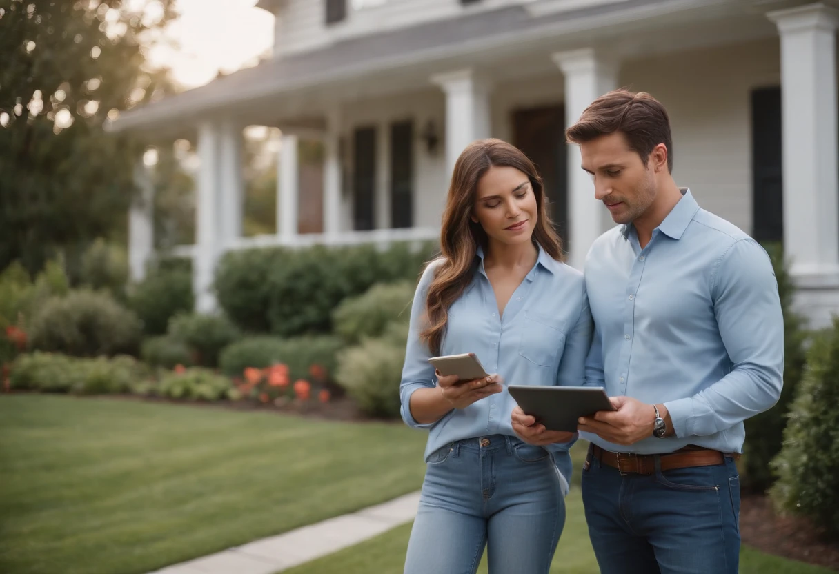 Attractive middle aged roofing company supervisor, meeting with a 30-something beautiful dark blonde woman who is the homeowner, both looking at a tablet like they are going over the final estimate after the roof construction on her house has been completed. They are standing in front of a high end suburban home with beautiful landscaping, late afternoon. The two should be standing facing the camera, they should not be touching, it is a professional relationship. He is wearing a blue collared shirt and jeans, and she is wearing shorts and a tank top