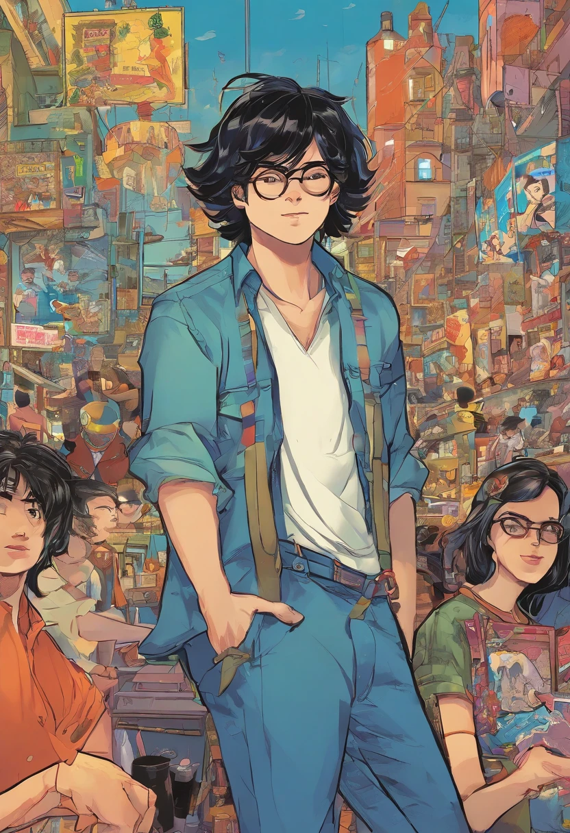 male people,By bangs,Black hair,Black shirt,blue eyess,Hair between both eyes,Bad eyes,wears glasses,looking looking at viewer,独奏,hair messy,a bitter smile