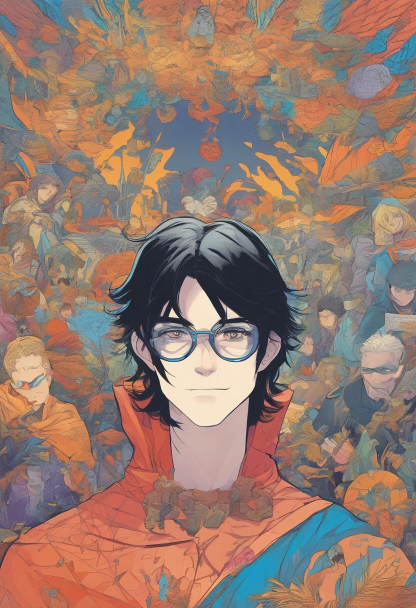 male people,By bangs,Black hair,Black shirt,blue eyess,Hair between both eyes,Bad eyes,wears glasses,looking looking at viewer,独奏,hair messy,a bitter smile