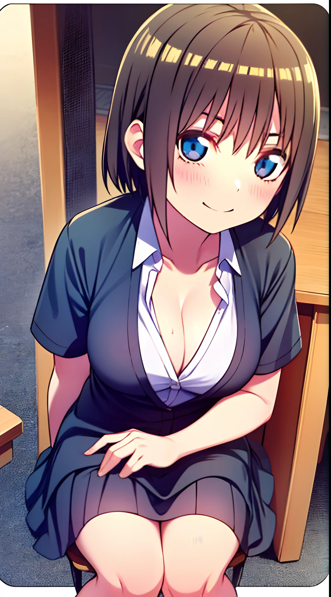 (Sitting on a chair with legs spread)、directly in front、Japan schoolgirl uniform、a miniskirt、(Pubic streak enhancement)、(White panties in full view)、Unbutton white shirt to emphasize cleavage、short-haired、A smile、red blush、Classroom、8K、ighly detailed、Top image quality、top-quality、超A high resolution、masterpiece、1a person、A detailed eye、beautidful eyes、Light in the eyes、animesque、2D、