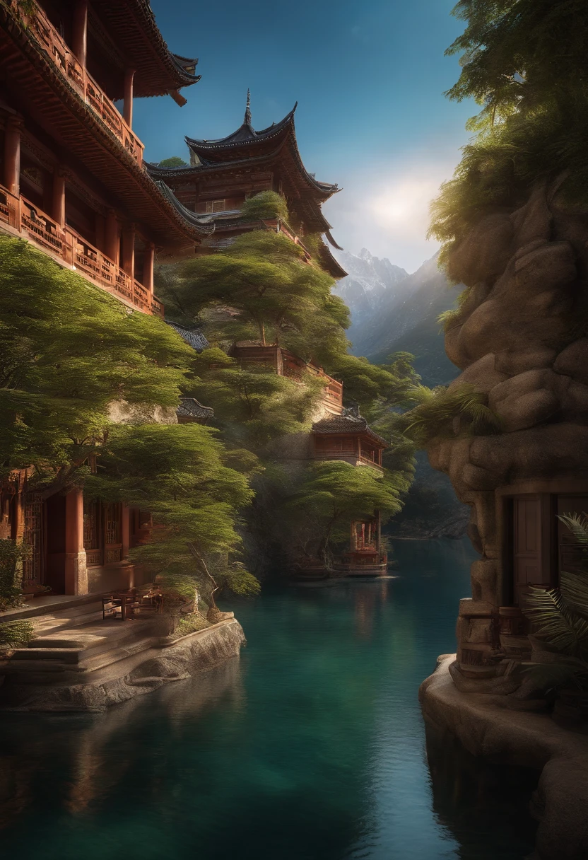 tmasterpiece，Ultimate quality，CG unity 8k wallpaper，Super delicate，Beautiful skies and clouds，Rich natural scenery，sheer cliffs，Lakes and rivers，Waterfall flying water，Aoyama is beautiful，Nowhere to be seen，Excellent view，A long-won photo contest，Background bokeh，The depth of field is full，HDR high dynamics，True restore，Attention to detail，Dramatic，The perfect presentation of Midjourney's artistic style，Xiangxi Small Courtyard