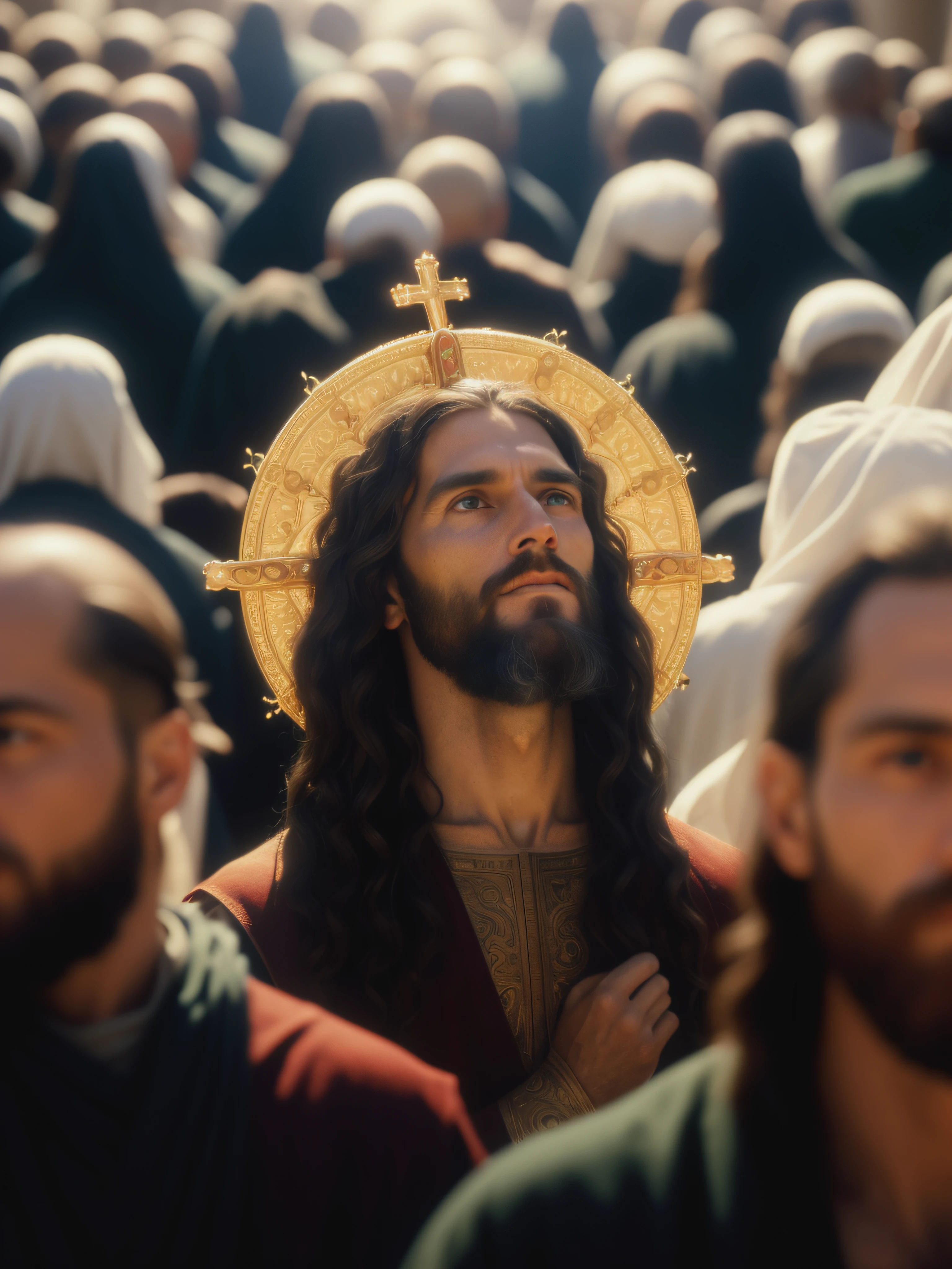 (ultra-detailed,highres,masterpiece:1.2),Retrato of Jesus Christ, holy man,Jesus, detailed portrait, Jesus Christ, catholic icon, 4k, biblical figure, sacredness, peaceful expression, long flowing hair, gentle eyes with a hint of compassion, beard, white robe, ethereal glow, halo, serene background, divine presence, sacred atmosphere, religious symbolism, spiritual significance, iconic representation, religious awe, timeless beauty, classic artwork