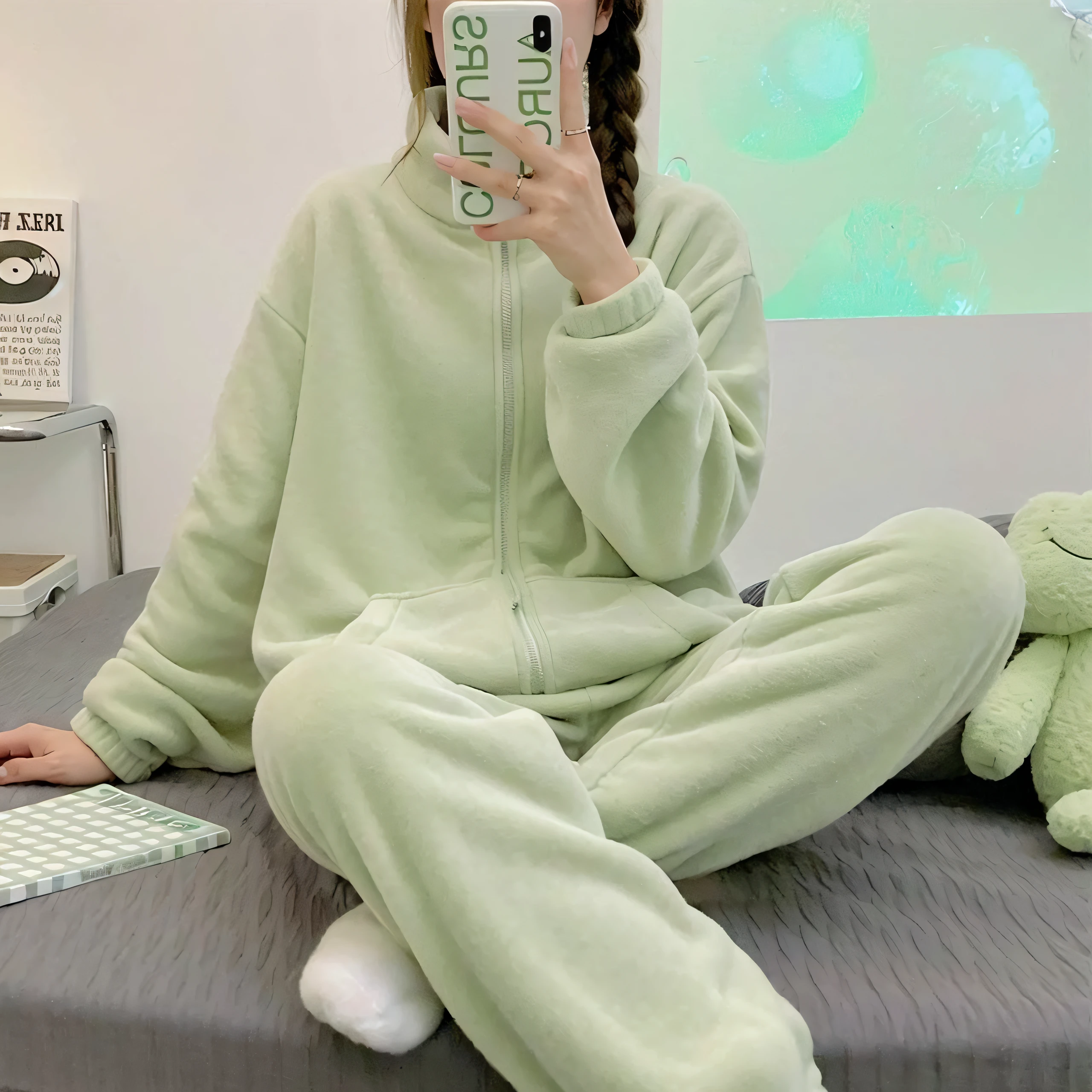Woman in green pajamas taking a selfie with her phone, pastel green, pyjamas, Pastel, wearing a baggy pajamas, bunnysuit, designed for cozy aesthetics!, verde claro, cozily, Green clothes, pale green glow, fundamental, 2 0 2 0 fashion, High quality material BSSRDF, very cozy], soft cute colors, verde claro, mega